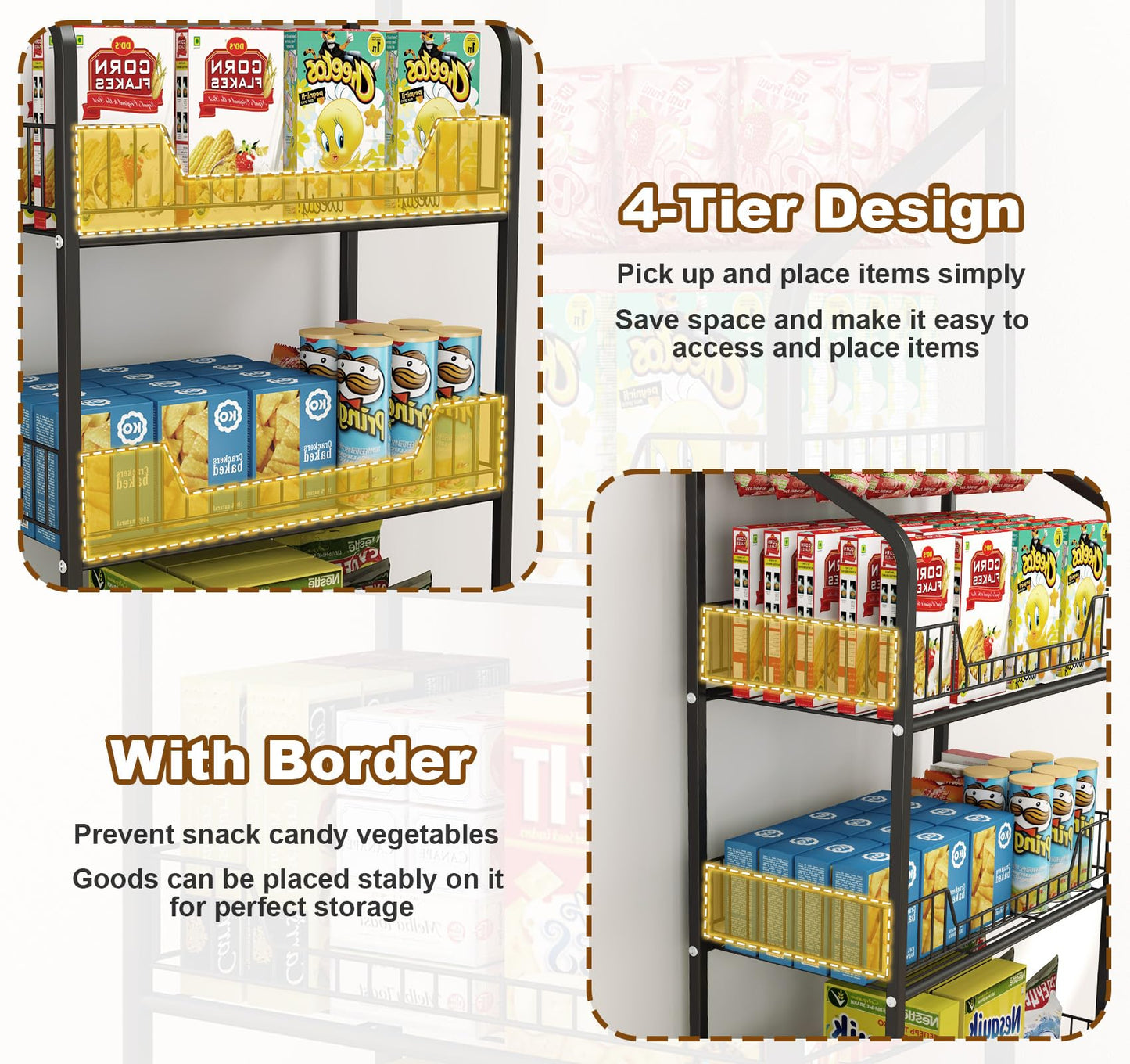 Nisorpa 4 Tier Supermarket Retail Display Racks, Free-Standing Metal Snack Candy Display Racks Shelf with Wheels Chips Rack Display Stand for Home Convenience Stores Kitchen, 19.6x56.2x10.6 Inches