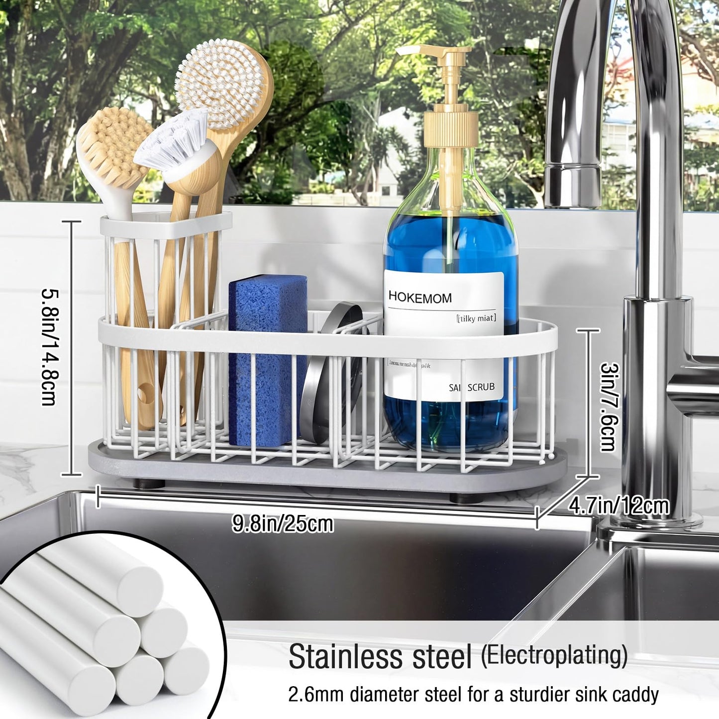 HOKEMOM Sponge Holder for Kitchen Sink with High Brush Holder, [Stay-Dry Anywhere & No Drainage Needed] Rustproof Stainless Steel Kitchen Sink Caddy Organizer with Water Absorbing Stone Tray, White