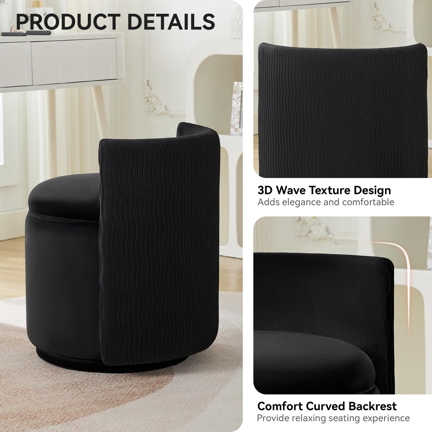 WUTUTUEE Velvet Vanity Chair with Storage, 360° Swivel Makeup Chair with Wave Back, No Assembly Small Accent Stool for Bedroom, Dressing, Living Room, Black