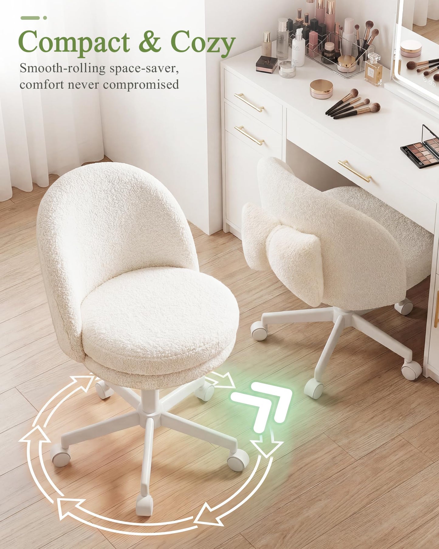 GTPOFFICE Vanity Chair with Back, Adjustable Tall Office Chair High Swivel Bar Stools Fluffy Cute Desk Chair Comfy with Wheels Bow Pillow Armlees for Adults Standing Desk Bar, Teddy Velvet, White