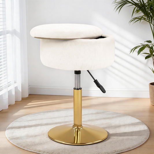 LITZFUR Adjustable Vanity Stool with Storage, 360° Swivel Gold Chair, Faux Fur Small Round Ottoman Footrest for Bathroom, Makeup Room, White