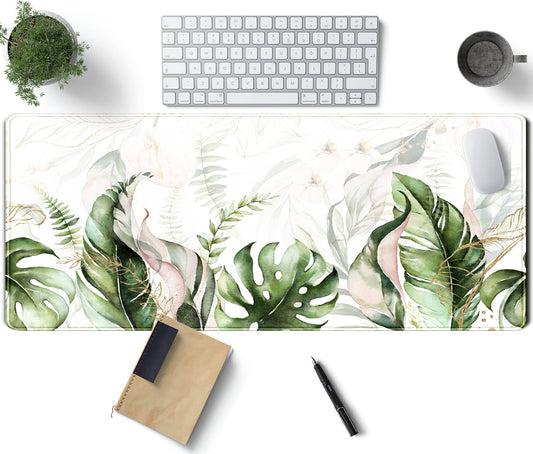 Green Tropical Leaves Desk Mat XL Large Gaming Mouse Pad Green Sage Plant Laptop Keyboard Mouse Mat Office Supplies Desk Decor Accessories for Women, Desk Mats Pads on top of Desks, 31.5x11.8 in