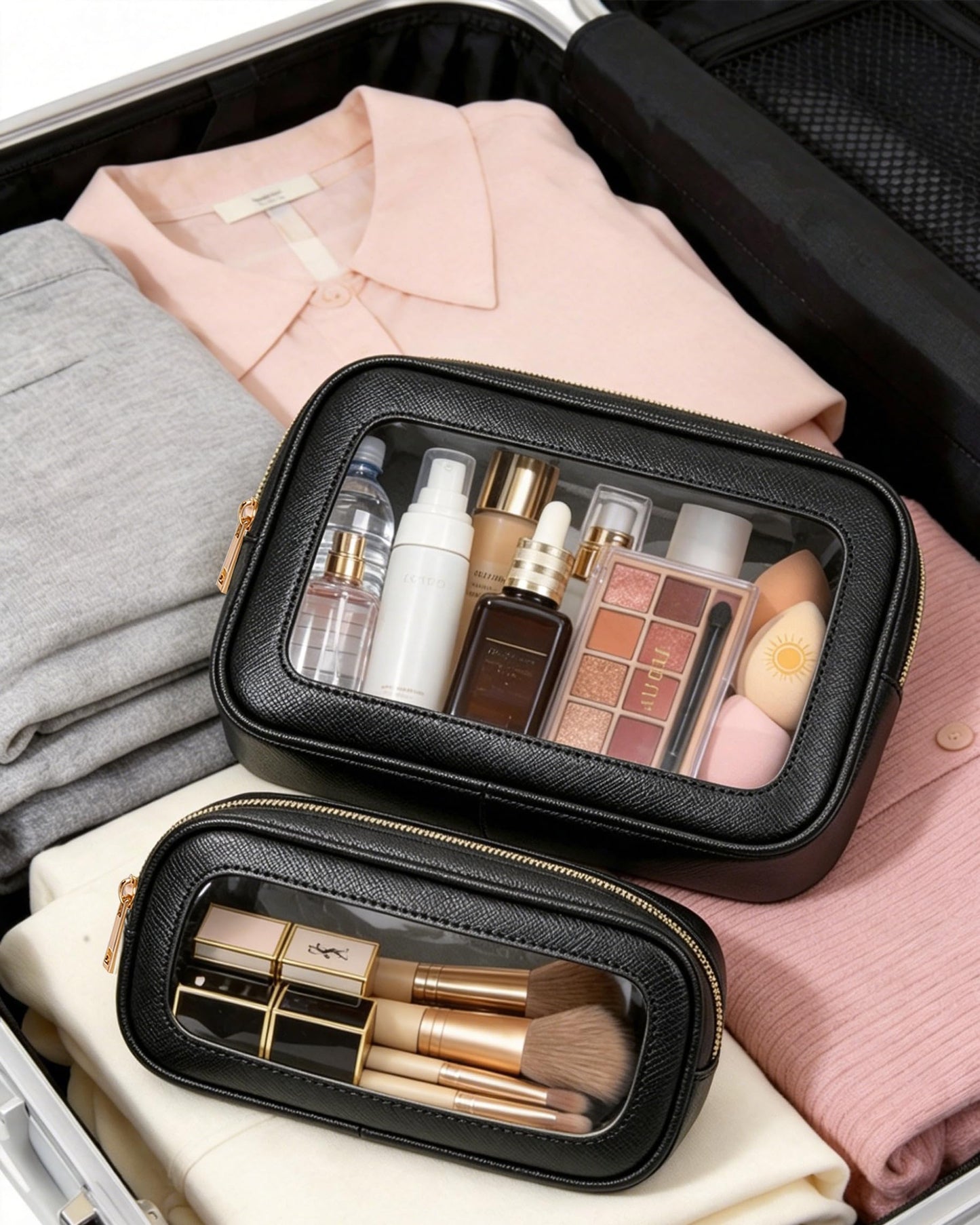FFpaw 2Pcs Clear Makeup Bags Set - Portable Clear Cosmetic Bag Case Travel Makeup Brush Bag Waterproof Makeup Pouch TSA Approved Toiletry Bag Car Organizer Bag for Women (Black Set)