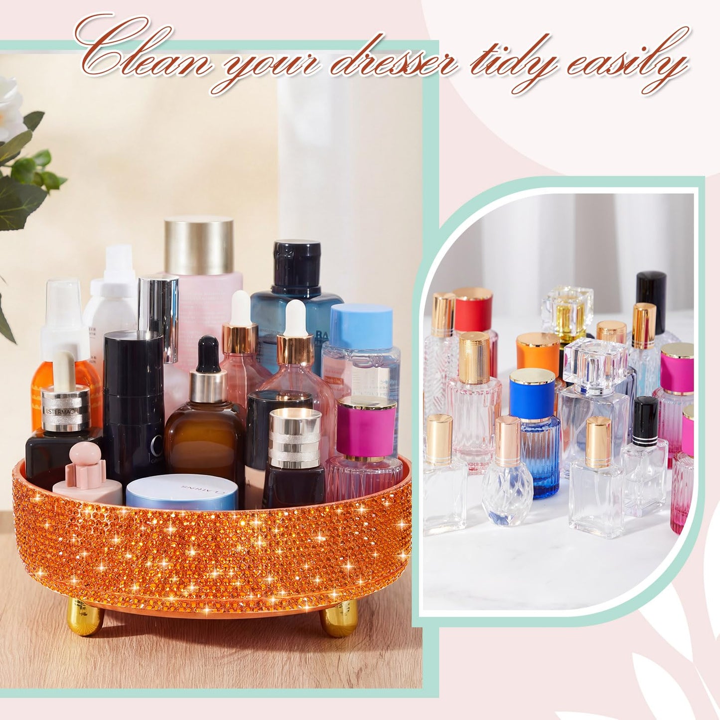 Honeydak Orange Bling Perfume Makeup Organizer Bling Mother's Day Nurses Day Gifts for Women Bathroom Organizers and Storage 360 Rotating Makeup Organizer for Countertop(Resin Stone)