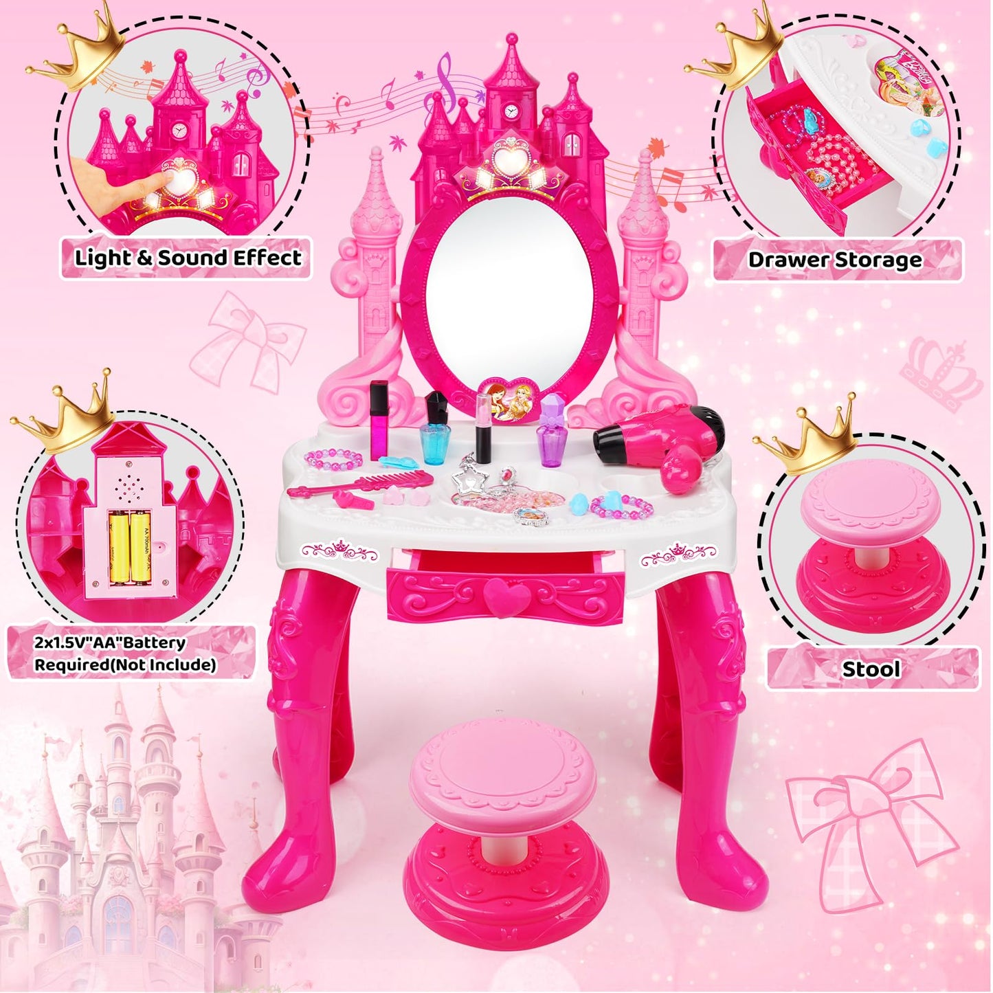 Easface Kids Vanity for Girls, Toddler Makeup Vanity Table and Chair Set Set Toys with Music Light, Pretend Play Princess Dress Up Playset Gift for Toddler Girls 3 4 5 6 Years Old