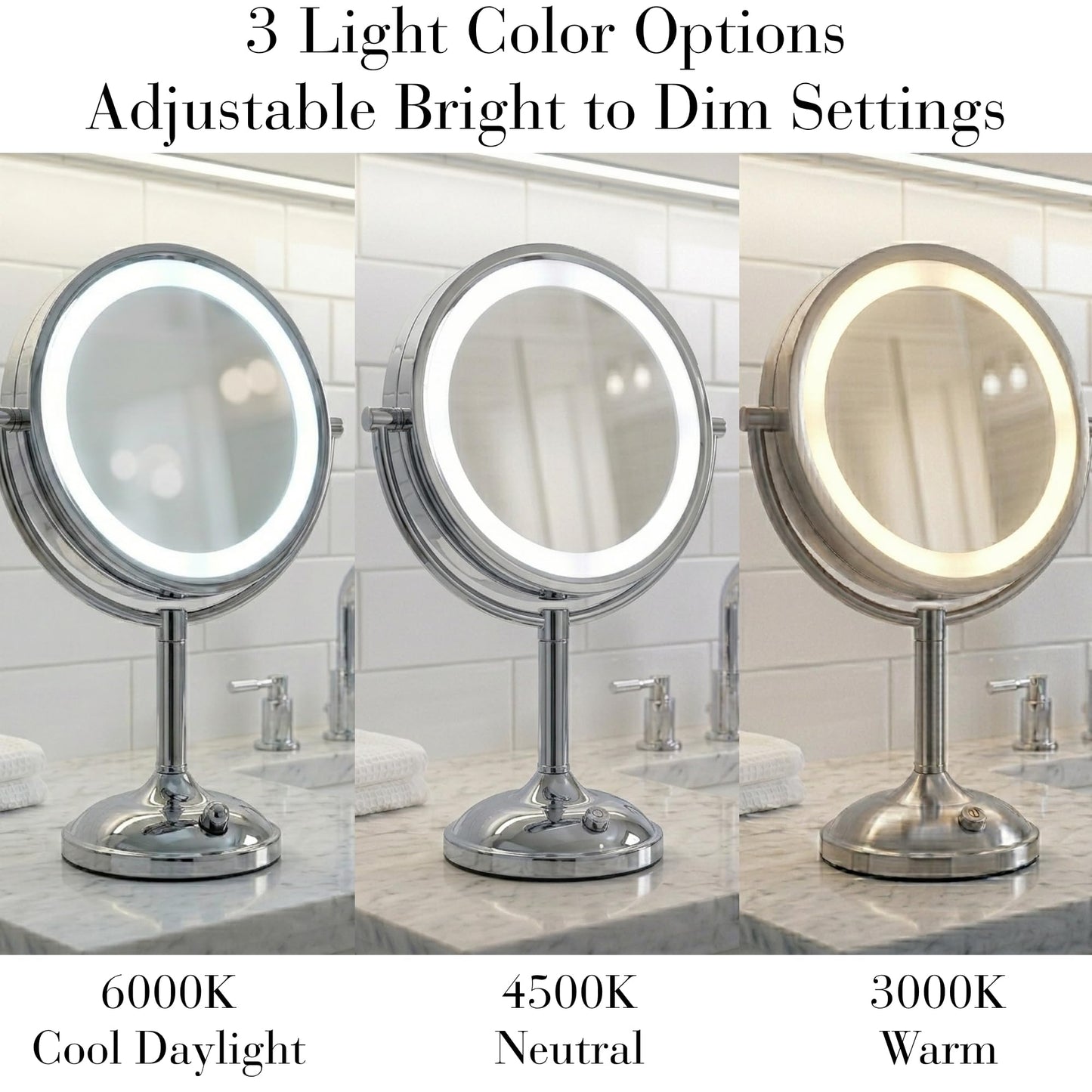JERDON Lighted Tabletop Mirror with 10X/1X Magnification - LED Lighted Makeup Mirror with Multiple Light Settings in Chrome Finish - 8.5-Inch Diameter Vanity Mirror - Model JS8510BC