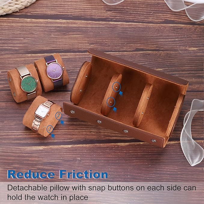 HARFINGTON Watch Roll Travel Case 2 Slot Portable Leather Watch Case for Men and Women, Watches Storage Organizer with Removable Pillows for Traveling, Display, Home Storage, Light Brown