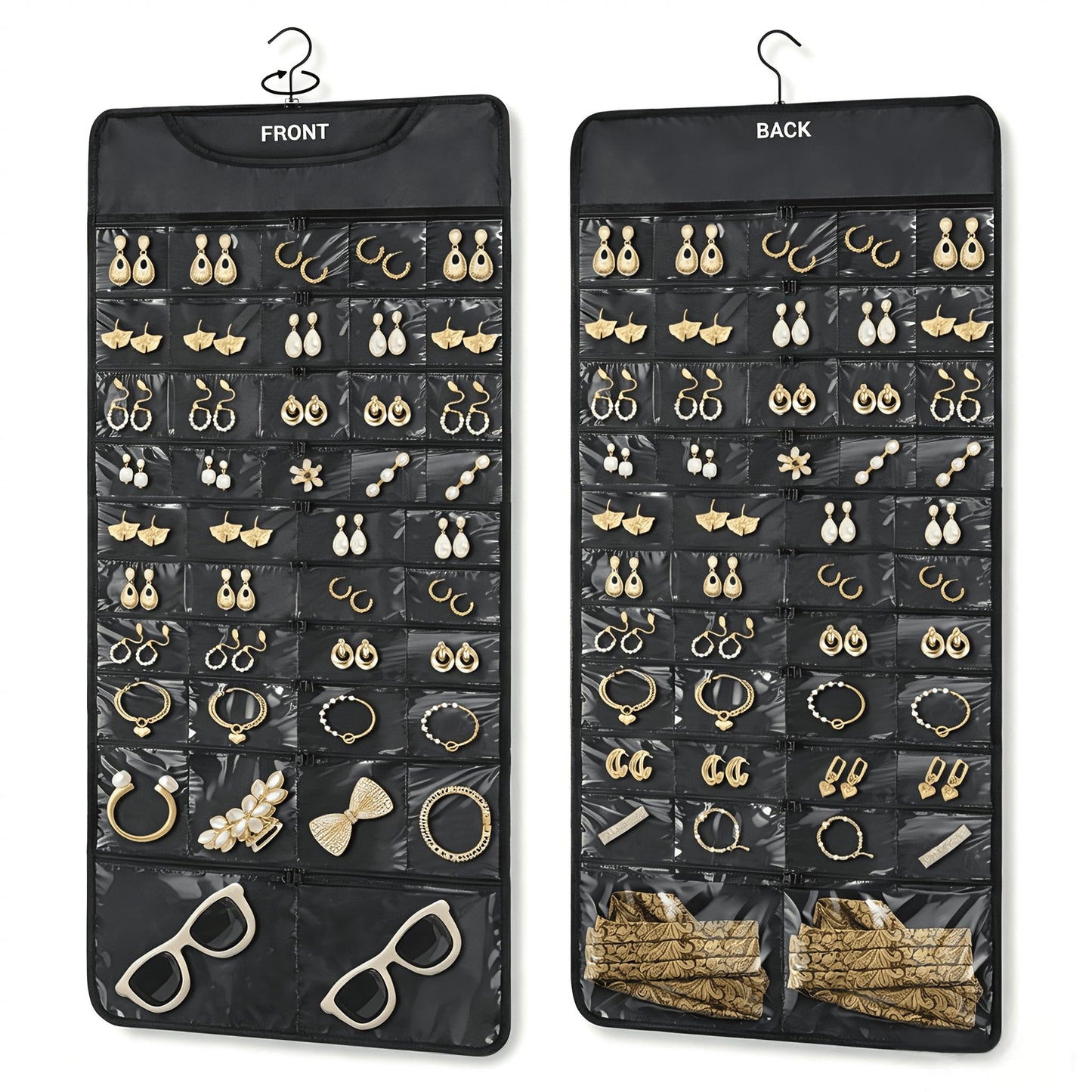 FOREGOER Hanging Jewelry Organizer Storage Roll 88 Zippered Pockets,Dustproof Foldable for Travel,Double-Sided Accessories Organizer Holder for Earring Necklace Ring on Closet Wall Door(Black,1 Pack)