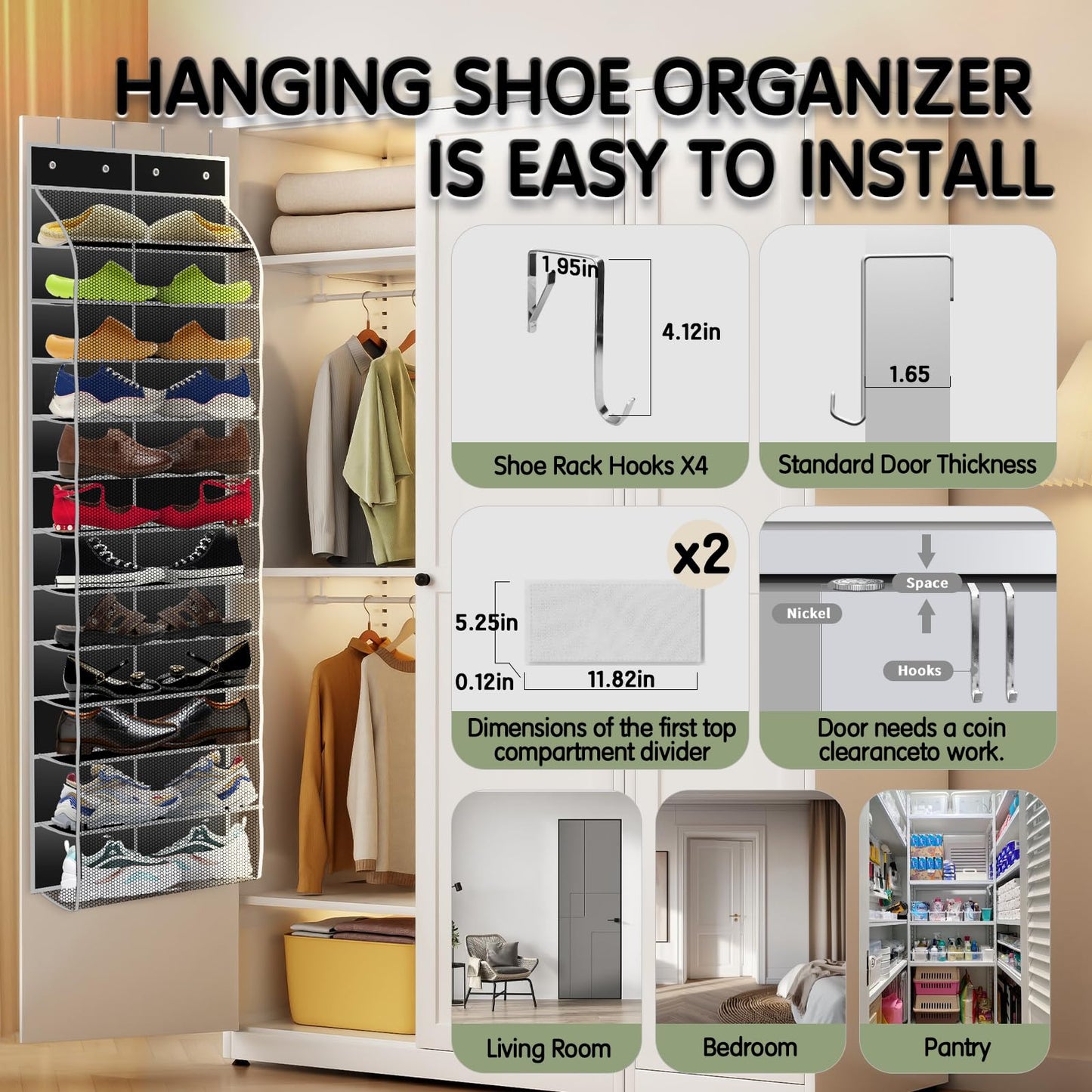 Kotkn Over The Door Shoe Organizer with 12 Large Breathable Pockets - Durable Hanging Storage for the Entire Family's Shoes (Black)