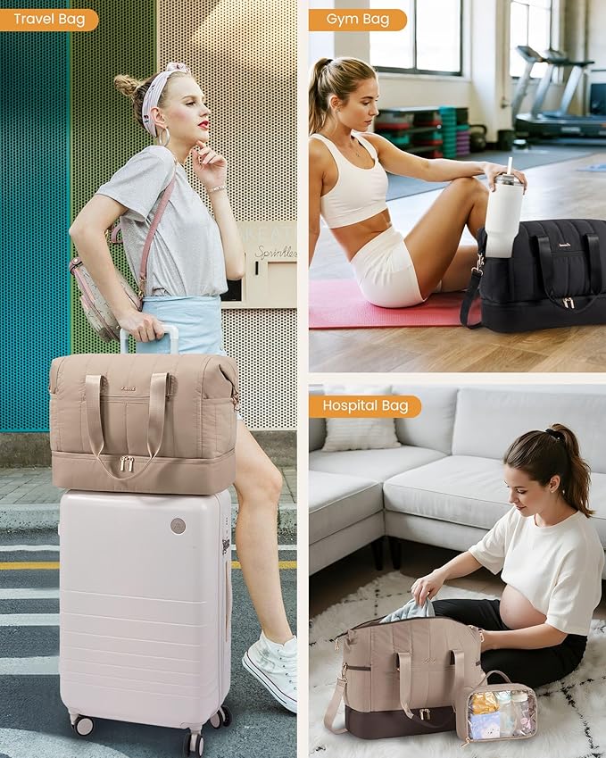 LOVEVOOK Travel Duffle Bag,Puffer Weekender Bags For Women with Shoe Compartment,42L Carry On Duffel Overnight Bags For Airplanes,Hospital Bag for Labor and Delivery,3Pcs Set