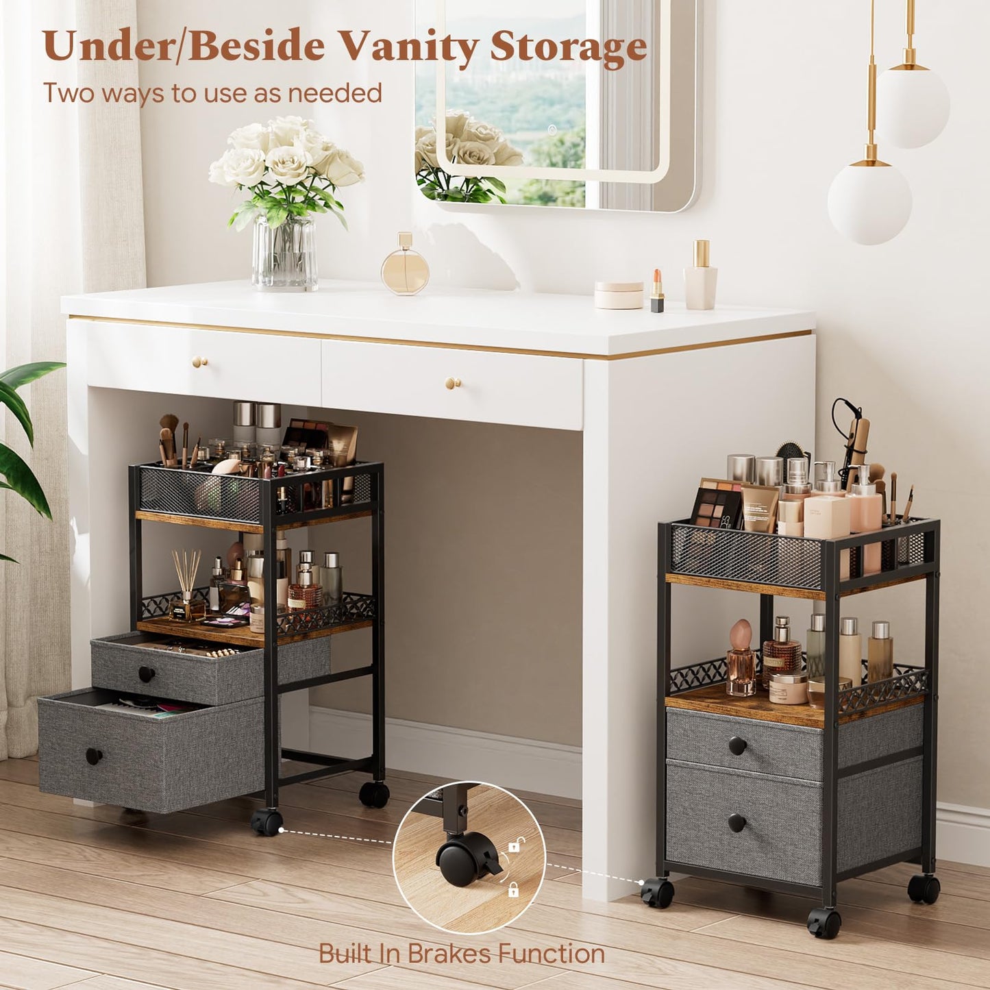 Plaviya Rolling Makeup Cart Organizer, Under Desk Skin Care Storage with 2 Drawers, Floor Vanity Organizer Bathroom Storage for Perfume Skin Care Nail Polish, Black