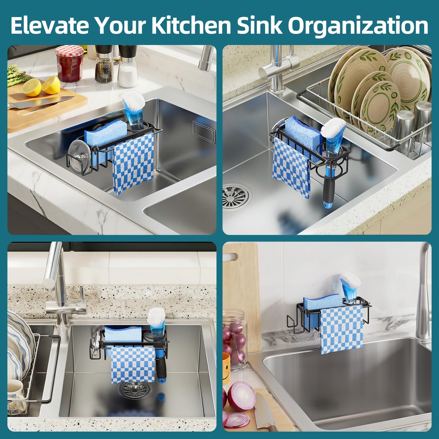 TAILI 4-in-1 Sink Caddy with Strong Suction Cup, Sponge Holder for Kitchen Sink Organizer, Removable, Rustproof, Stainless Steel Holder for Sponge, Brush, Scrubber, Scraper - Black