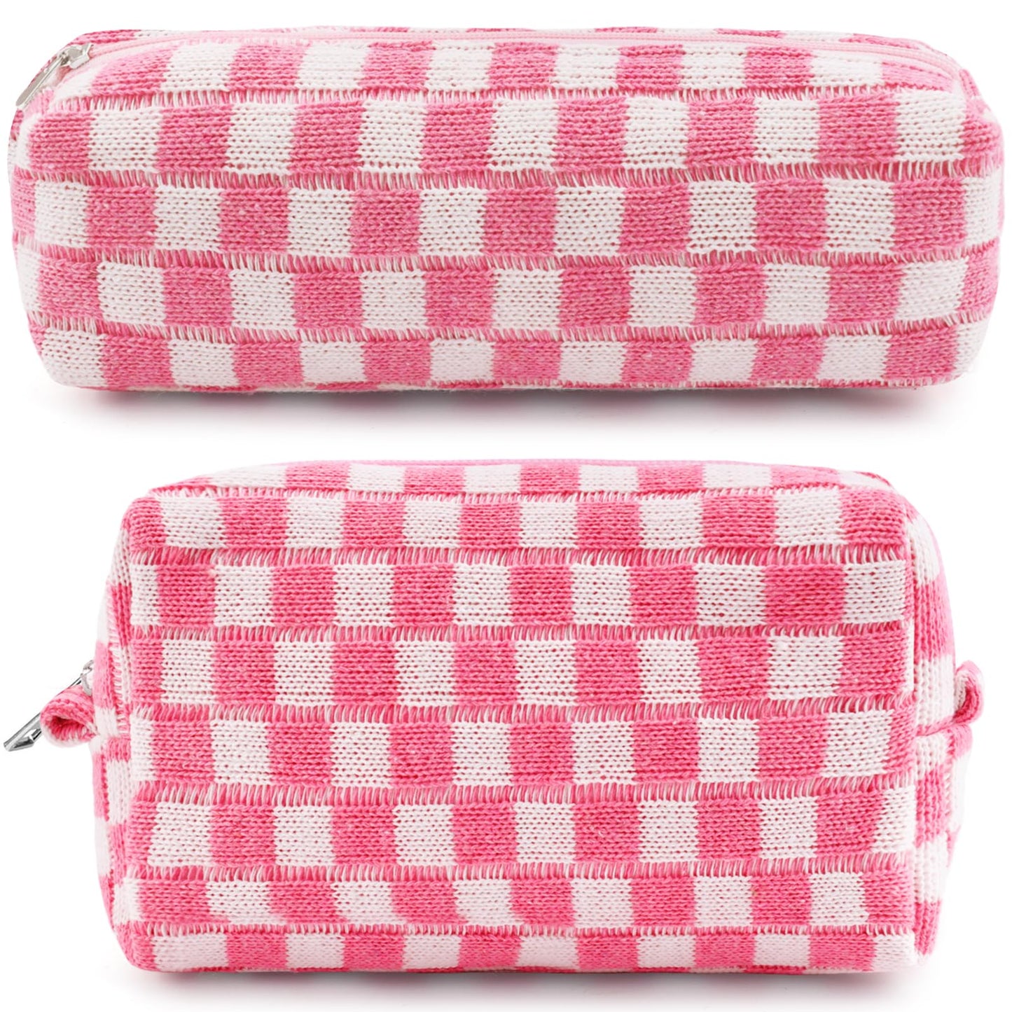 ZLFSRQ 2Pcs Checkered Pencil Case Cute Pencil Pouch for Teens Pink Checkered Makeup Bag Travel Cosmetic Bag Set Cute Preppy Makeup Pouch for Purse Portable Zippered Skincare Toiletry Bags Organizer