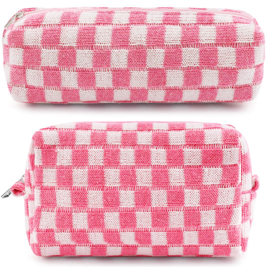 ZLFSRQ 2Pcs Checkered Pencil Case Cute Pencil Pouch for Teens Pink Checkered Makeup Bag Travel Cosmetic Bag Set Cute Preppy Makeup Pouch for Purse Portable Zippered Skincare Toiletry Bags Organizer