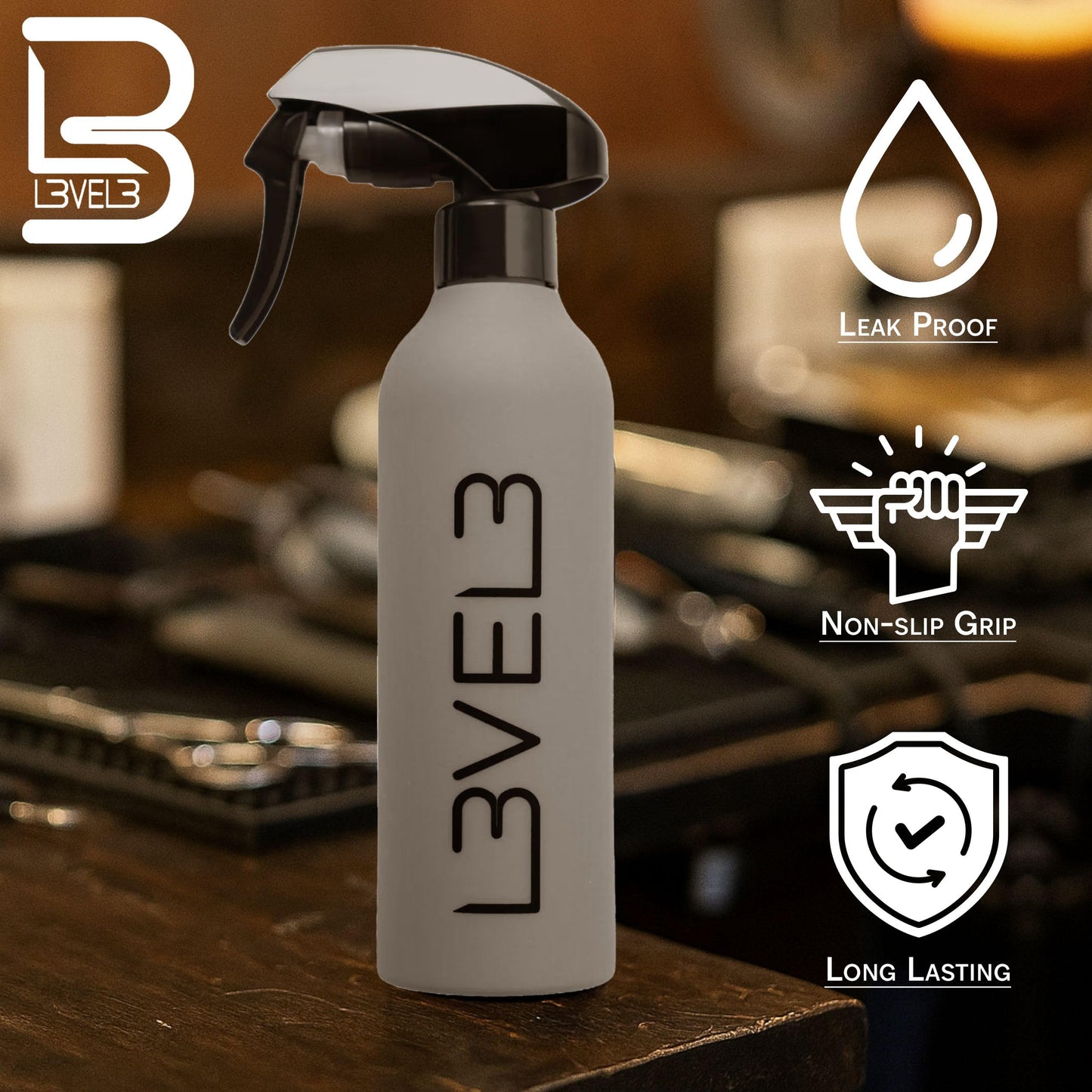 L3 Level 3 Rubberized Spray Bottle - Precise Action Mist Bottle for Effortless Hair Styling - Rubber Grip for Total Control