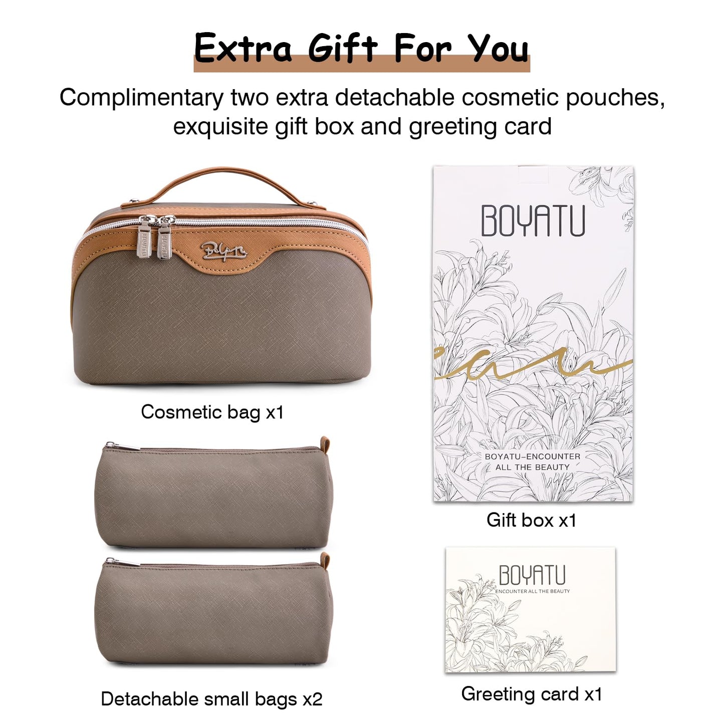 BOYATU Travel Makeup Bag Organizer Cosmetic Bag: 3 Pcs Set Make up Bags for Women with Handle - Waterproof Vegan Leather Toiletry Bags Travel Essentials Pouch with Compartments (A-02-Grey)