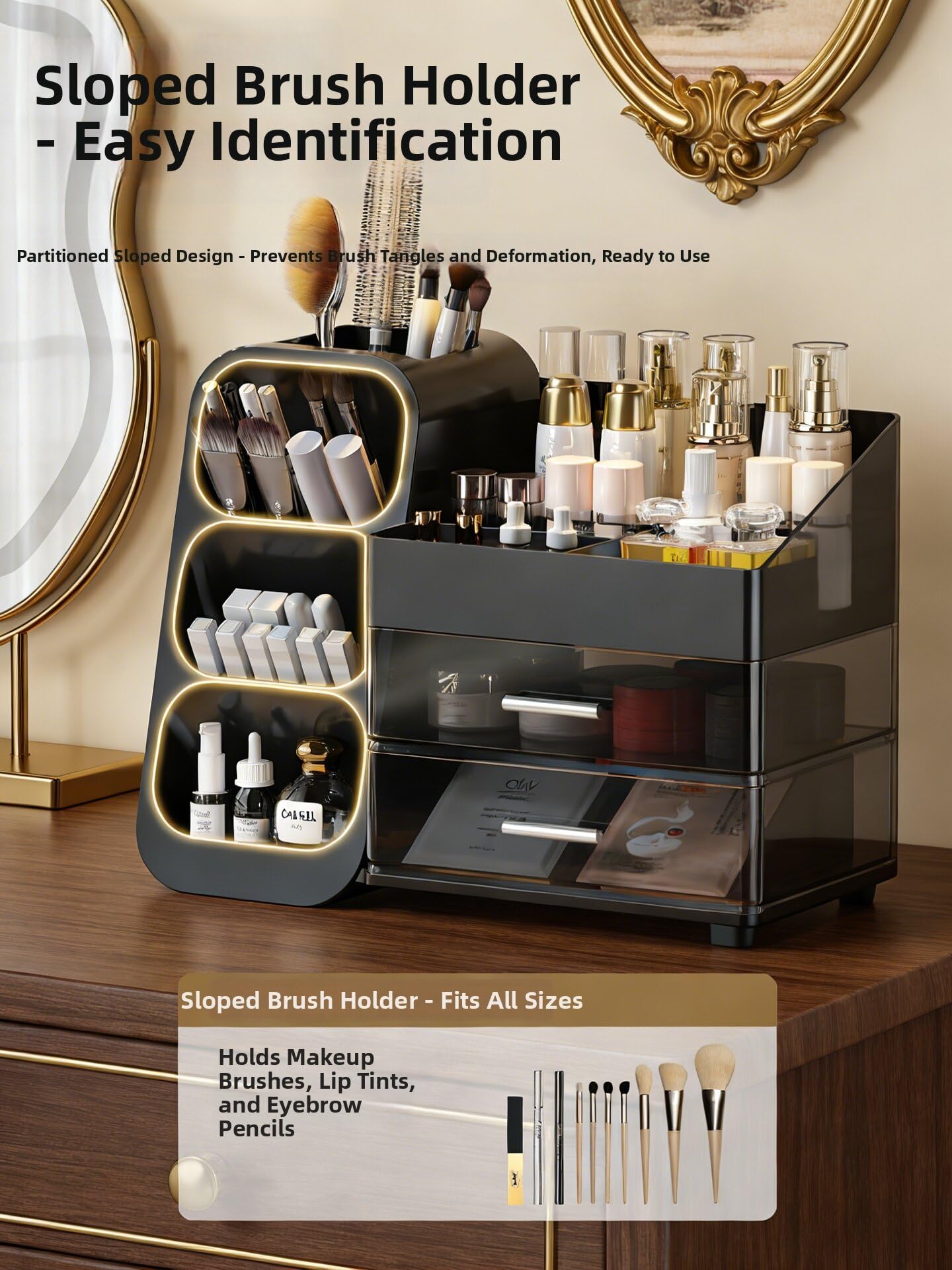 Large Makeup Organizer with Drawers,Multifunctional Multi-Compartment Storage Box,Cosmetic Display Case for Dresser Countertop & Bathroom Vanity,Black