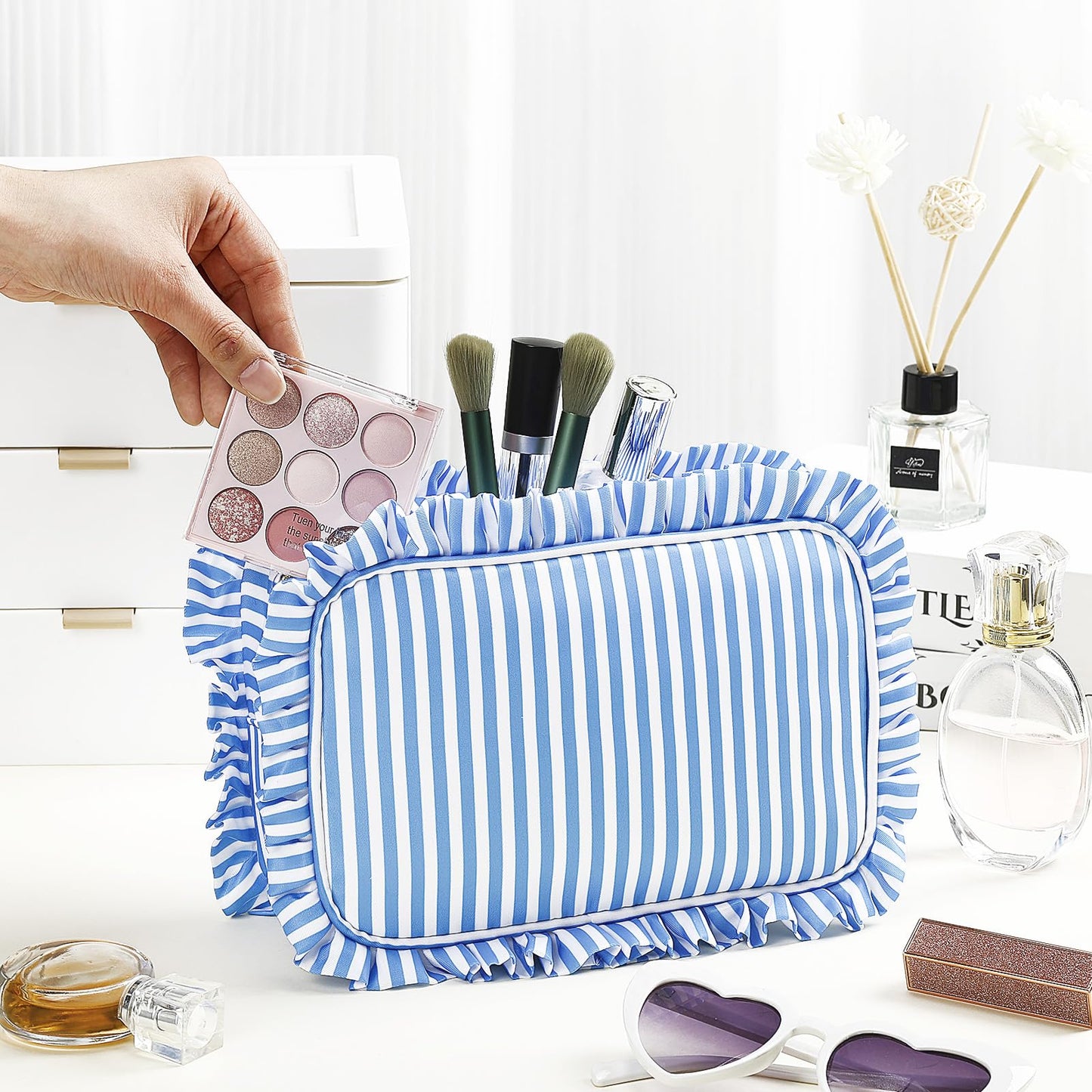 Kigeli Ruffle Makeup Bag Preppy Makeup Pouch Large Travel Cosmetic Bag Nylon Waterproof Toiletry Make up Organizer for Women(Striped,Blue)