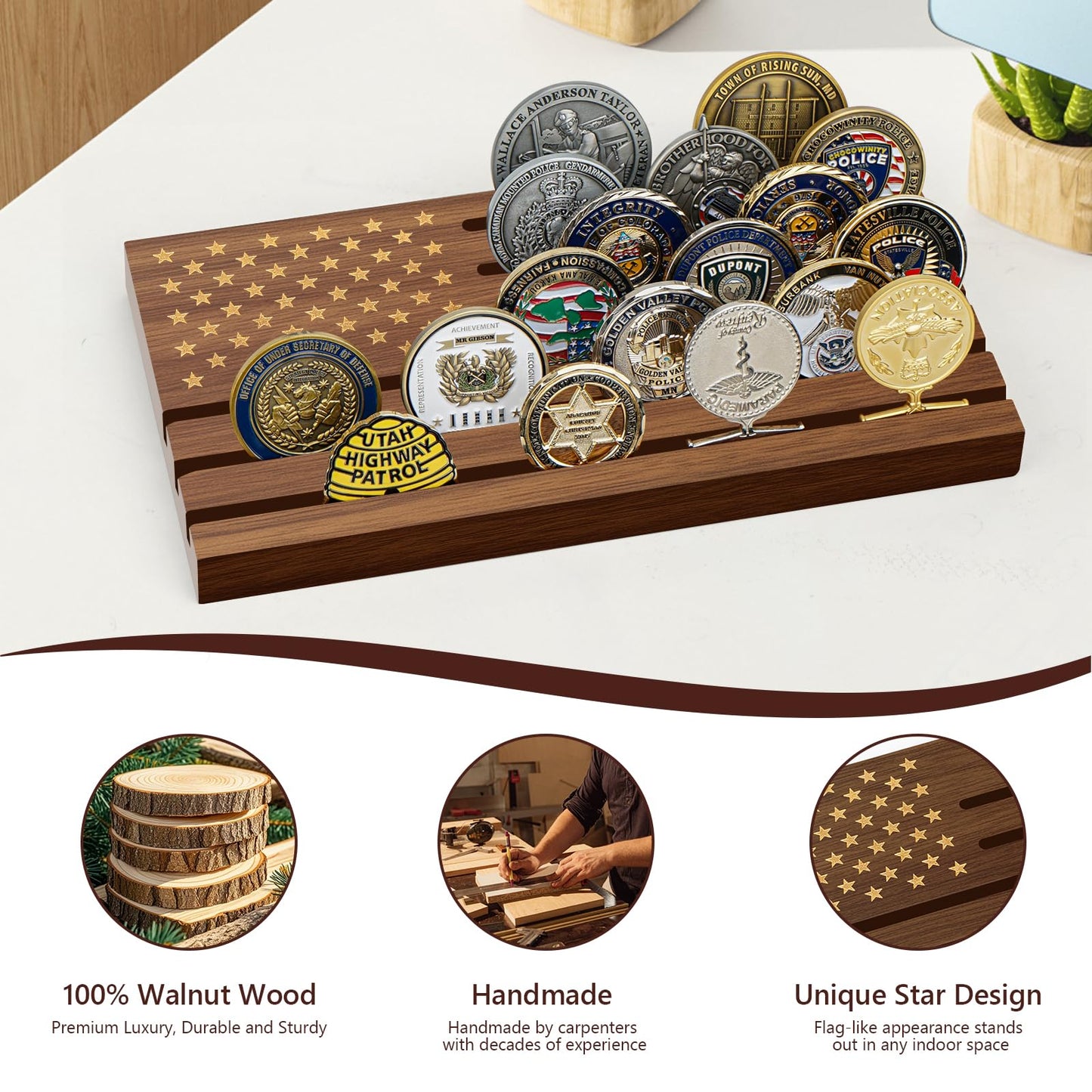 Samplife Challenge Coin Display Walnut , Solid Wood Military Coin Holder Rack for Collectors American Flag Style, Desk or Shelf Display (Natural Walnut, Medium)