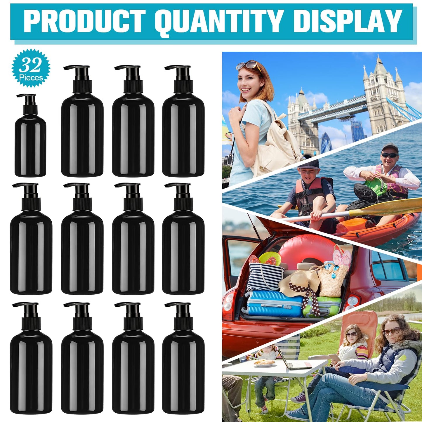 CroBlissful 32 Pcs Empty Plastic Pump Bottles 8oz Refillable Lotion Pump Bottle Containers with Dispenser for Shampoo, Conditioner, Face Cream, Massage Oil, Liquid Soap (Black)