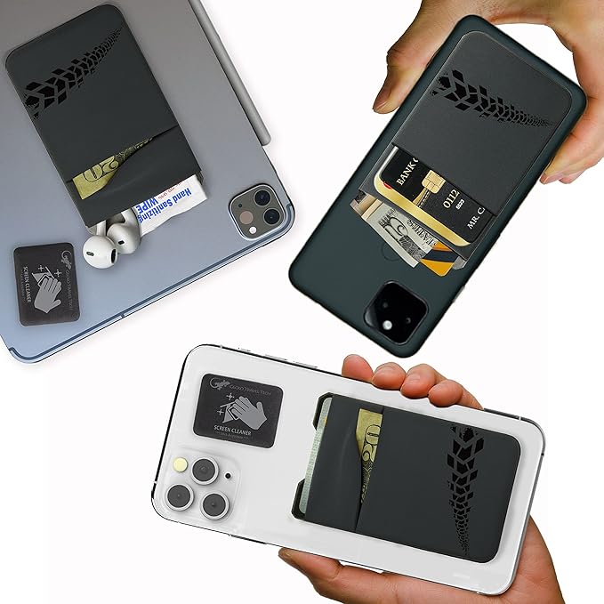 Gecko Travel Tech Double Pocket - Adhesive Card Holder - Cell Phone Pouch - Stick on Spandex Pocket - Carry Credit Cards and Cash (Gray - TIRE)