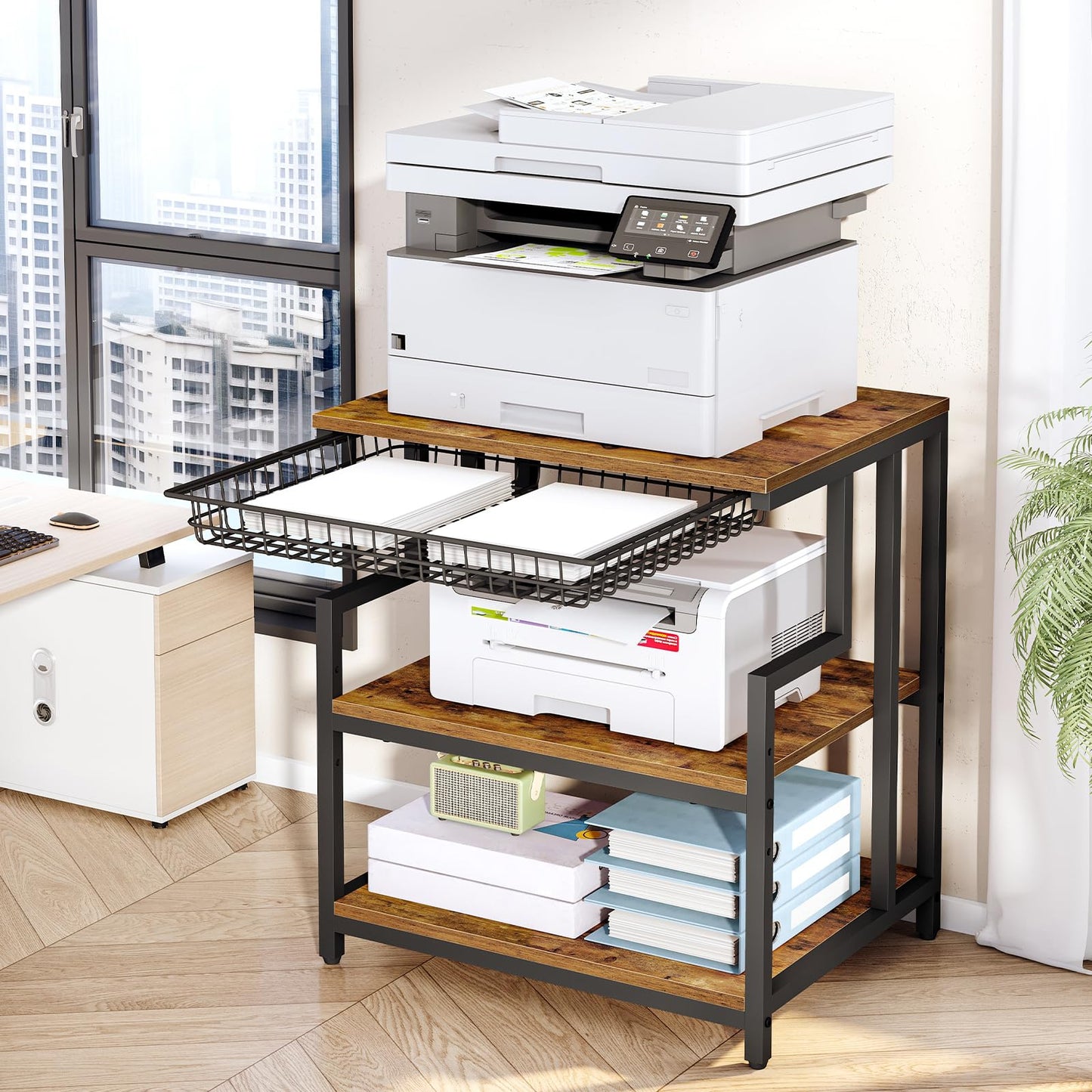 HOOBRO 23.6'' x 19.7'' Extra Large Printer Stand with Drawer, Printer Table with Adjustable Shelf, 3-Tier Printer Cart with Storage, for Heat Press Scanner Fax, Rustic Brown and Black BF10PS01