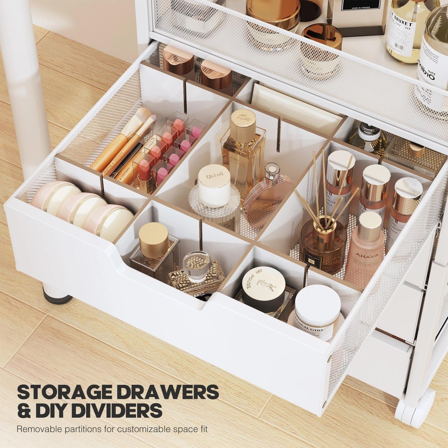 SEFILENCE Makeup Organizer Cart with 4 Drawers, Vanity Storage Drawer Carts with Dividers, Nail Cart Organizer Cosmetic Display Cases Cabinet for Skin Care, Nail Polish, Perfume, White