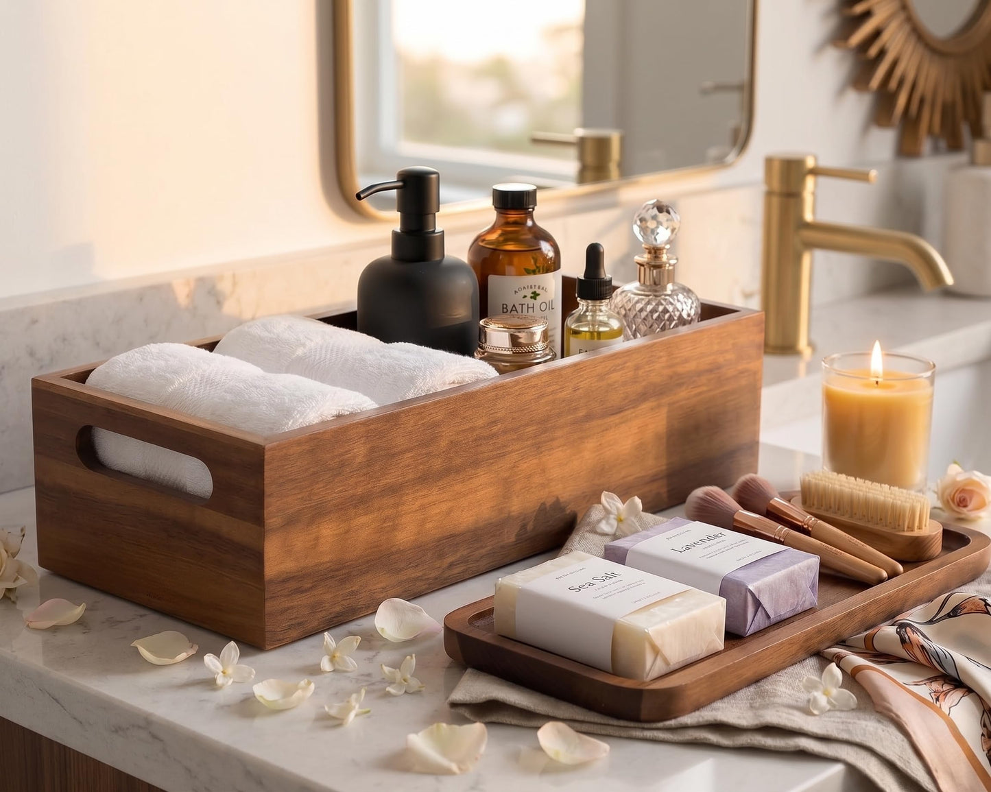DUCIHBA Natural Acacia Wood Bathroom Vanity Tray Set, Including L-16.5 x 6 and S-12 x 5, Smooth, Durable, Attractive Decor for Bathroom, Kitchen, Home, Spa