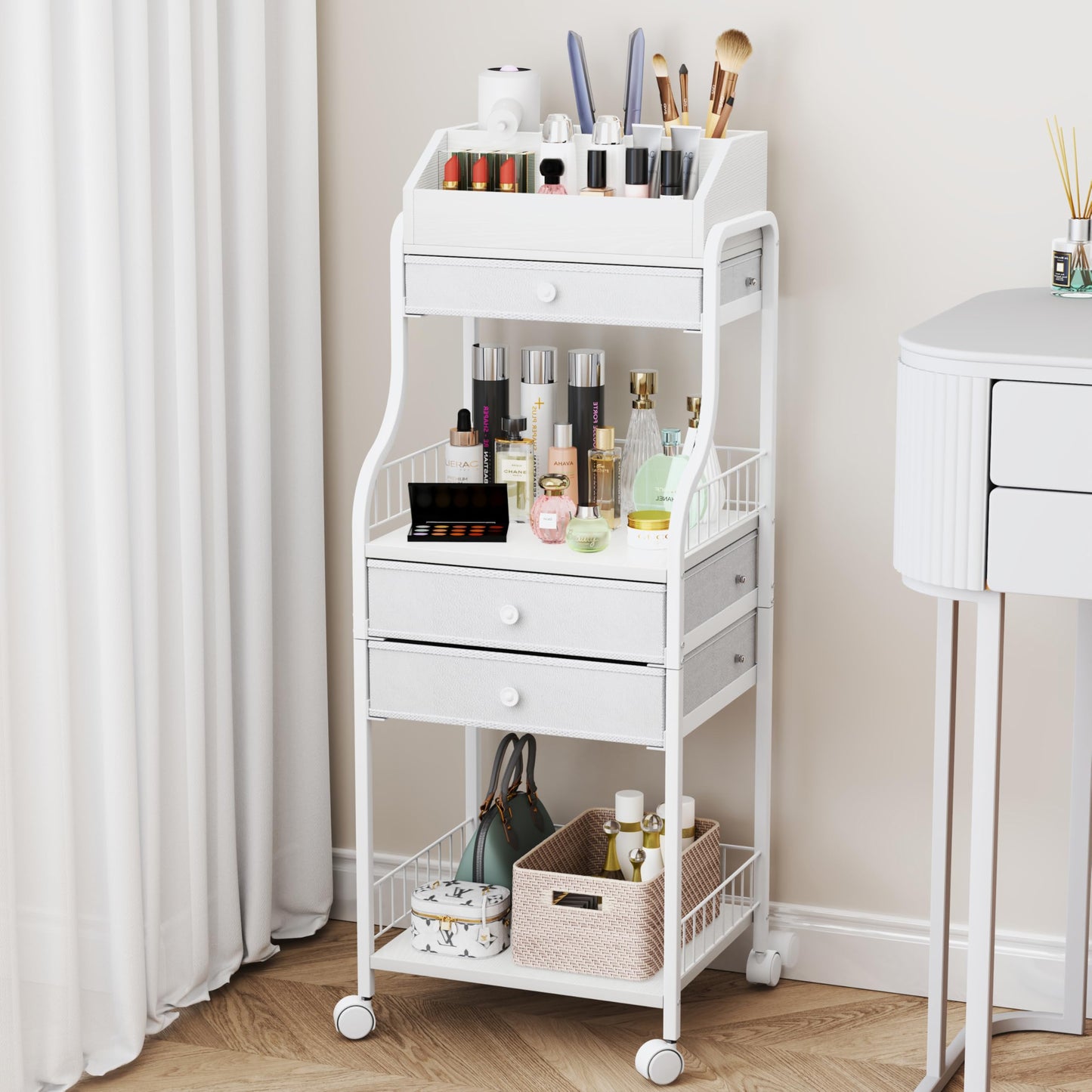 HapiRm Floor Makeup Organizer Storage - Vanity Skincare Make Up Organizers and Storage with Drawers, Cosmetics Display Cases Holder for Skin Care Nail Polish Perfume Makeup Brush
