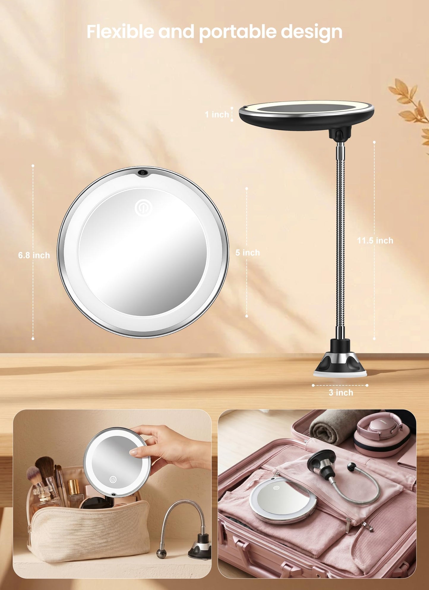Brightown 10x Makeup Mirror with Lights and Magnification,Flexible Gooseneck Magnifying Mirror with 3 Lighting and Adjustable Brightness,Battery Operated with Suction Cup for Bathroom Bedroom, Black