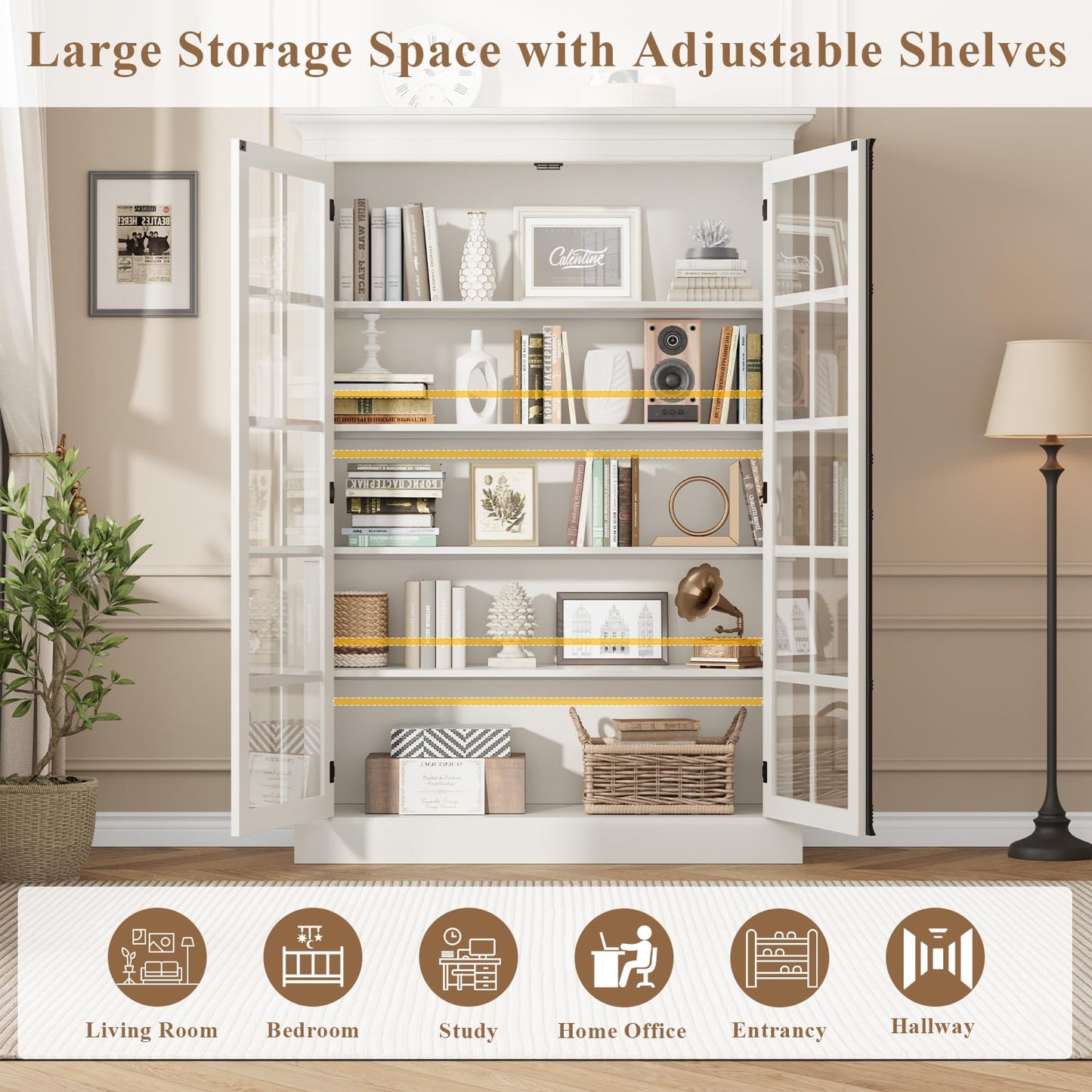 QUW Modern 65" Display Cabinet, 5-Tier Bookcase with Tempered Glass Door, Farmhouse Curio Cabinet with Adjustable Shelves, Tall Storage Cabinet for Office, Kitchen, Living Room, White