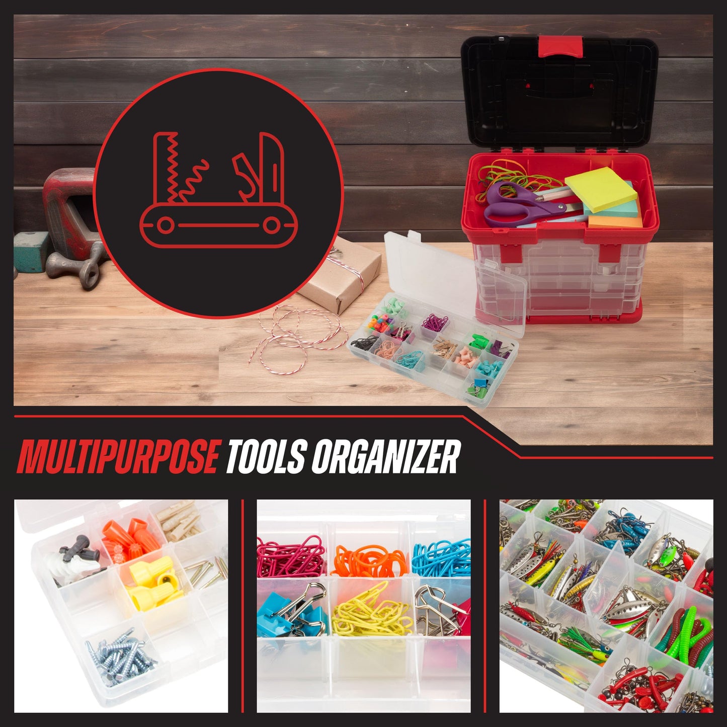 Portable Tool Box - Small Parts Organizer with Drawers and Customizable Compartments for Hardware, Fishing Tackle, Beads, or Crafts by Stalwart (Red)