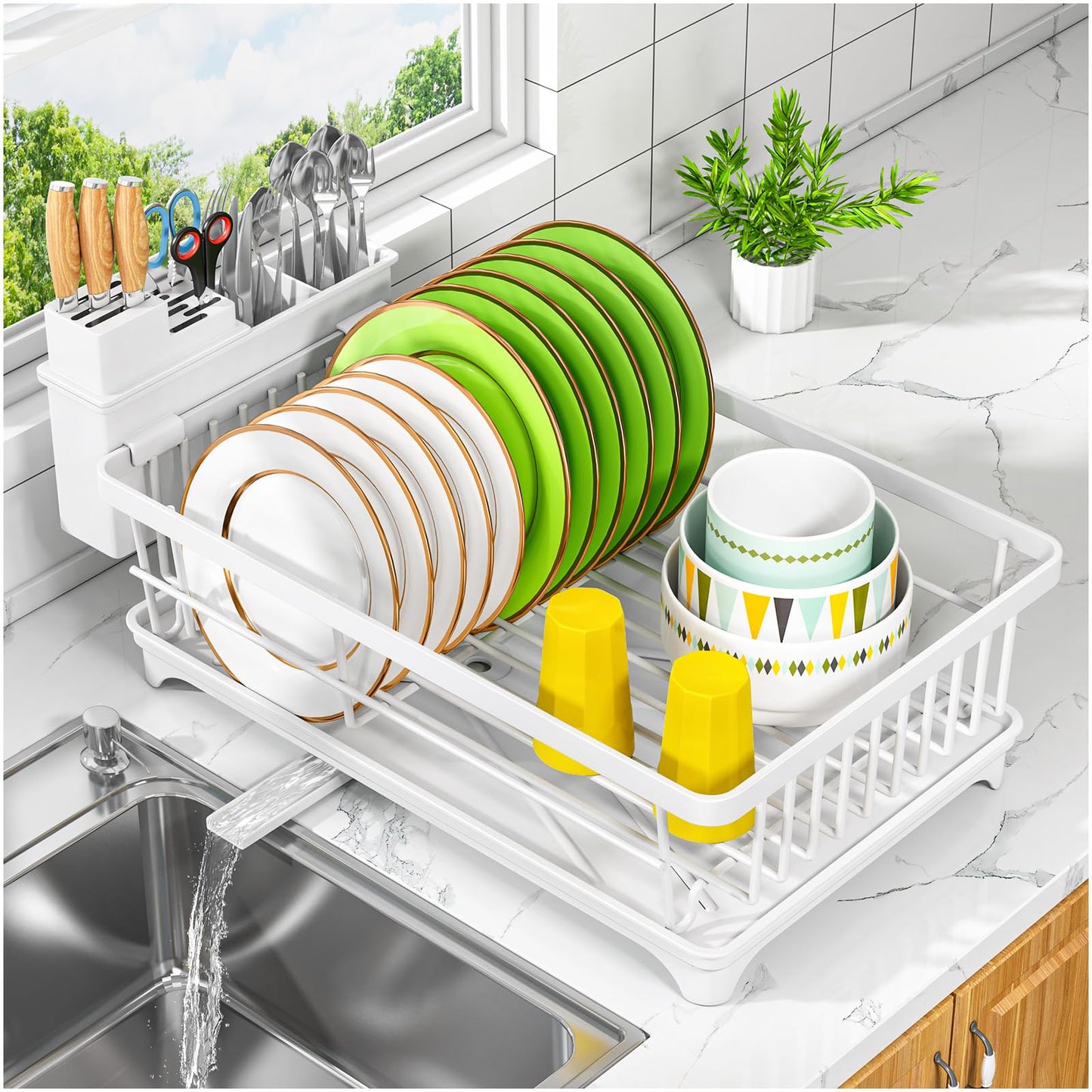 Kmiectse Dish Drying Rack - Space-Saving Small Dish Rack for Kitchen Counter, Rust-Resistant Kitchen Drying Rack, Compact Dish Drainer Organizer with Utensil Holder for Home Kitchen, White