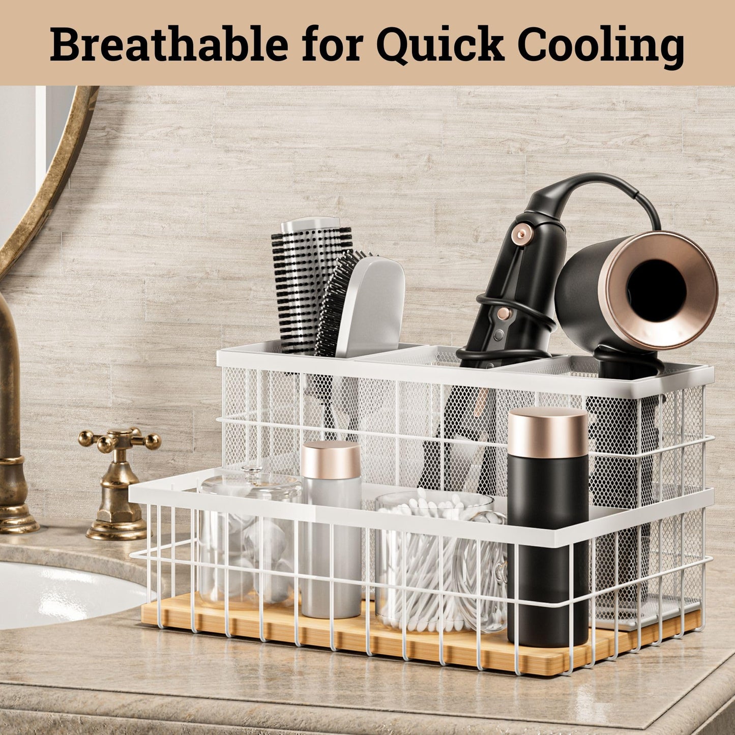 Hair Tool Organizer Countertop - Breathable Metal & Bamboo Hot Tools Organizer for Vanity - Hot Hair Tools Organizer Under Sink - Bathroom Hair Dryer Holder Countertop - Brush and Comb Holder Vanity