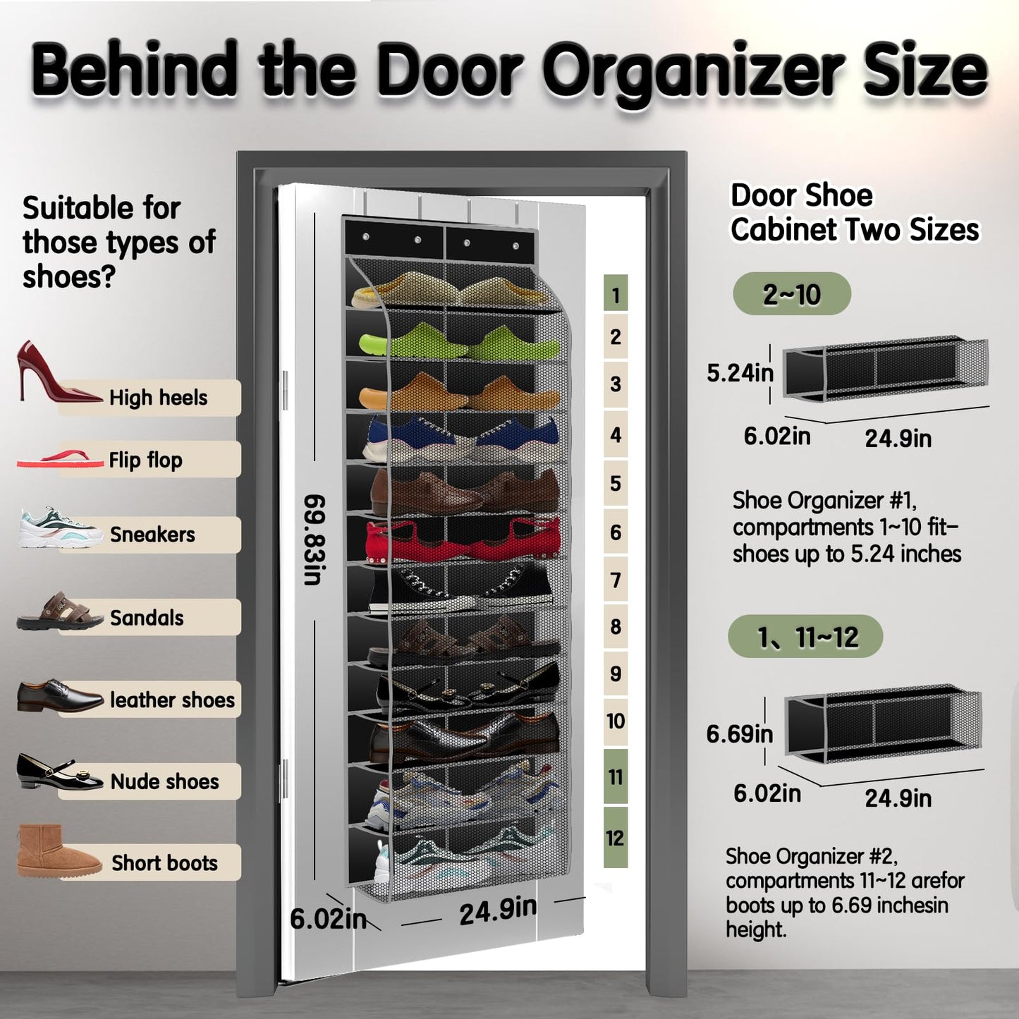 Kotkn Over The Door Shoe Organizer with 12 Large Breathable Pockets - Durable Hanging Storage for the Entire Family's Shoes (Black)