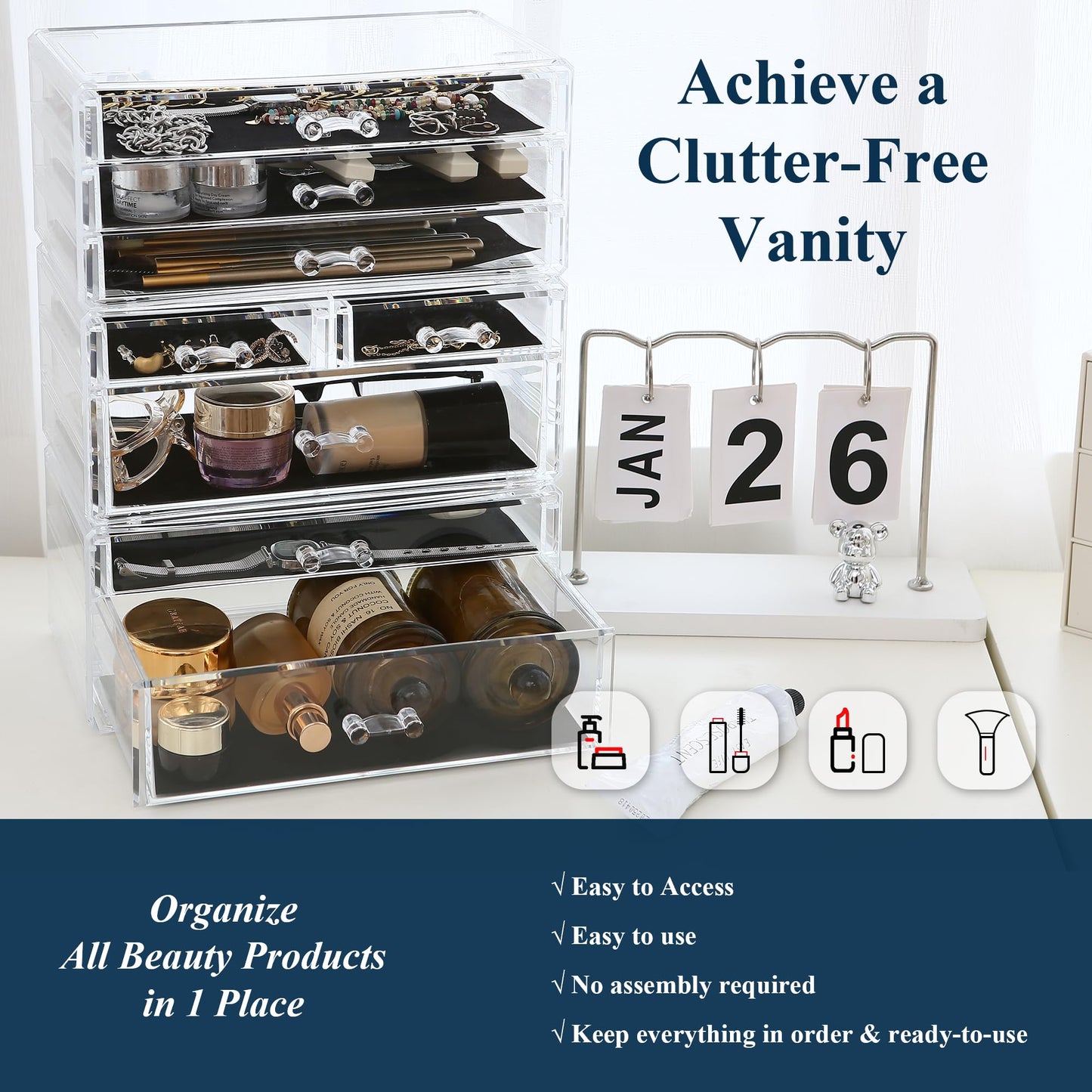 Sea Team 3-Tier Stackable Clear Makeup Organizer with Drawers, Acrylic Plastic Cosmetic Display Case, Jewelry Storage Box, Holder for Dresser, Bathroom, Vanity, Countertop (8 Drawers)