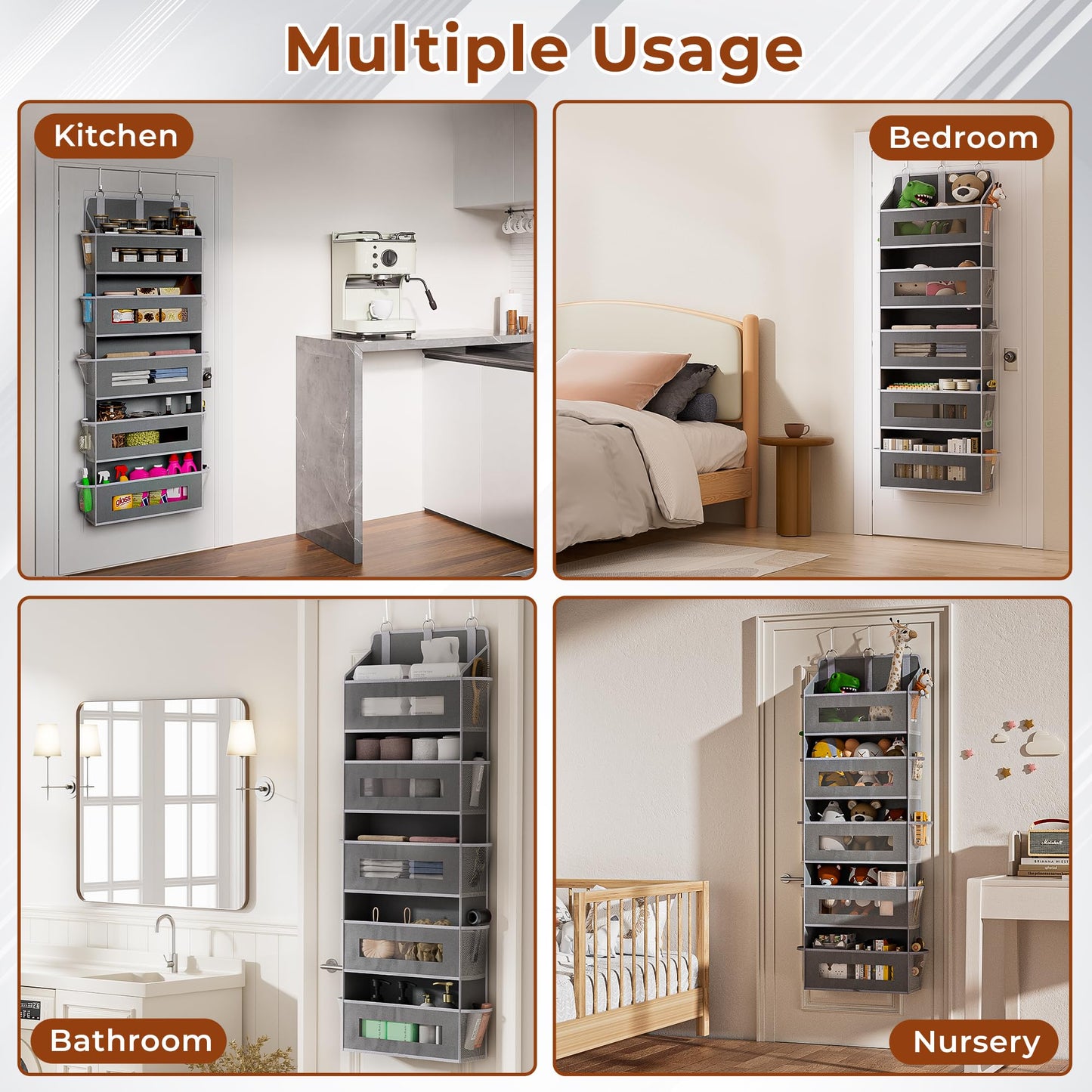 XyVoltic 2 Pack 5 Tier Over The Door Organizer - Large Capacity Behind Door Hanging Shelves with 10 Mesh Pockets and Clear Windows, Closet Organizers and Storage for Bathroom, Bedroom, Nursery, Grey