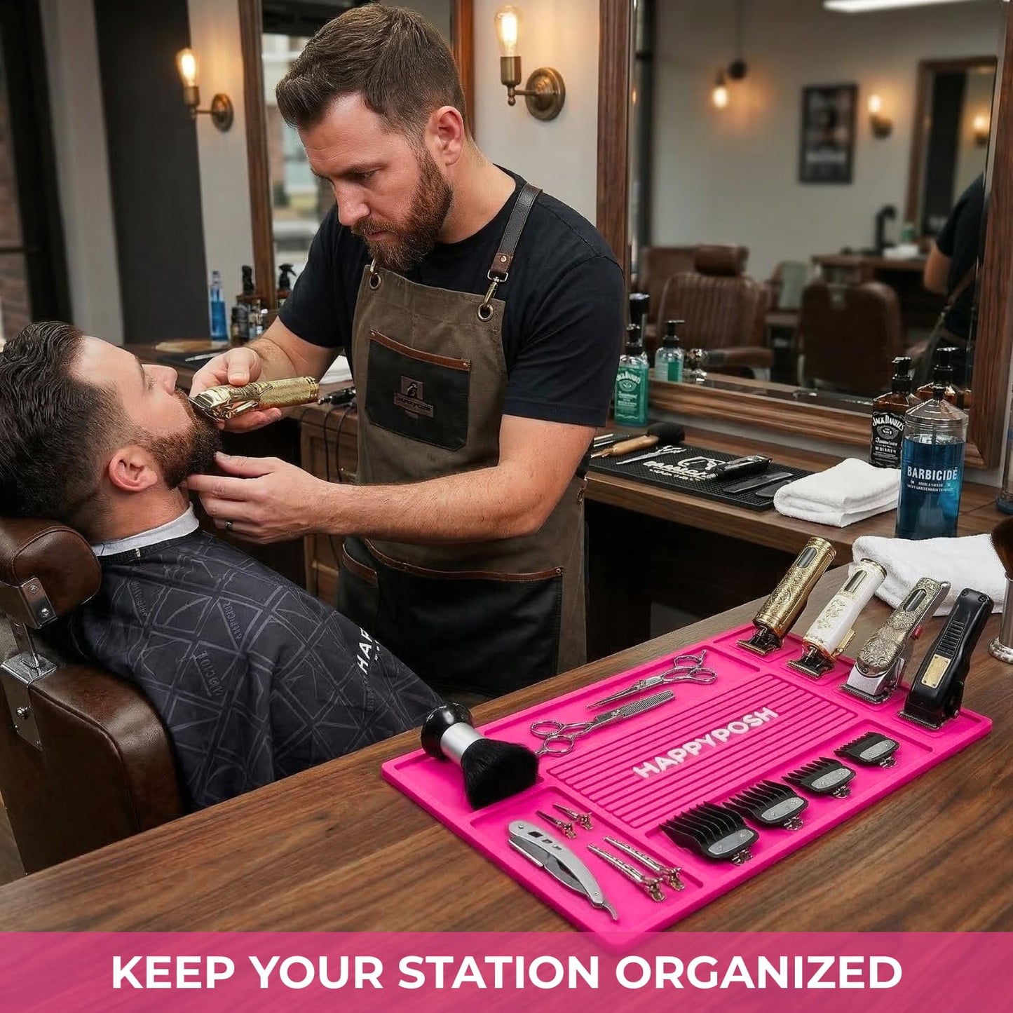 HAPPYPOSH Magnetic Barber Mat, Magnetic Barber Mats For Clippers and Supplies, Barbershop Pad for Station, Beauty Salon Table Mat, Barbering Tool Organizer for Pro Hairstylist, Pink