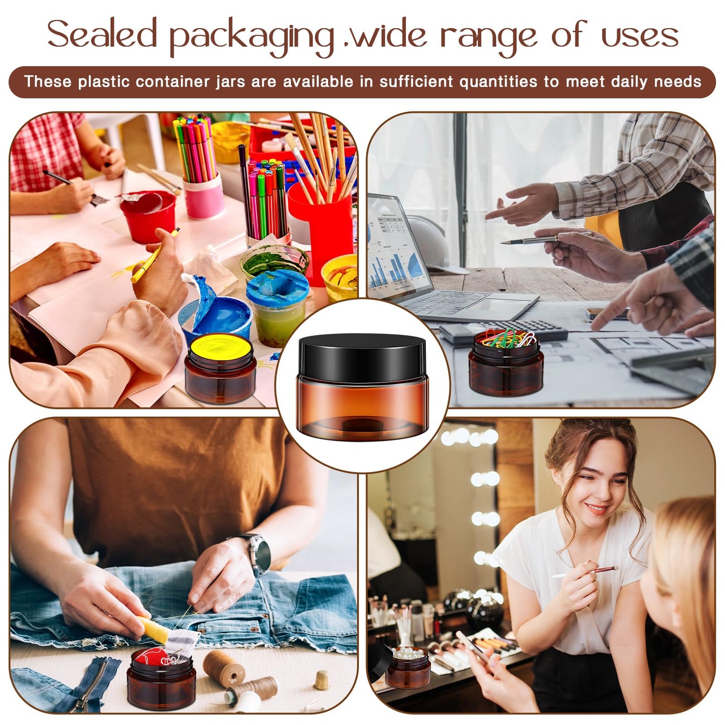 Lanties 200 Pcs 2 oz Amber Plastic Cosmetic Container Jars with Lid Round Plastic Clear Jars Small Travel Containers for Storage Makeup Creams Lotion Ointments