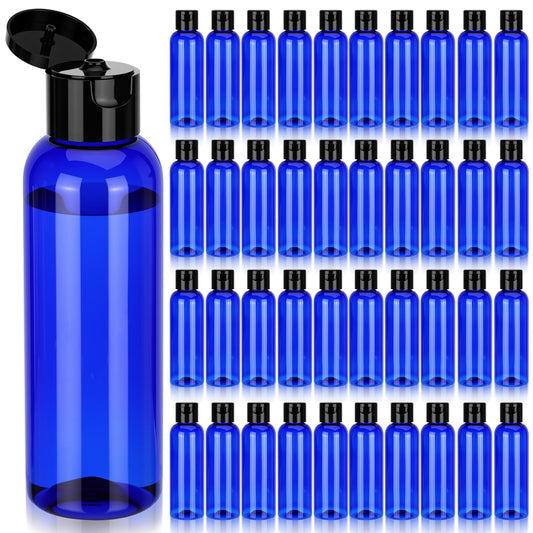 Mimorou 50 Pcs Plastic Squeeze Bottle with Cap Empty Amber Refillable Container Small Travel Toiletry Bottle for Lotion Shampoo Oil Body Soap Creams (Flip-top Lid,4oz,Blue/black)