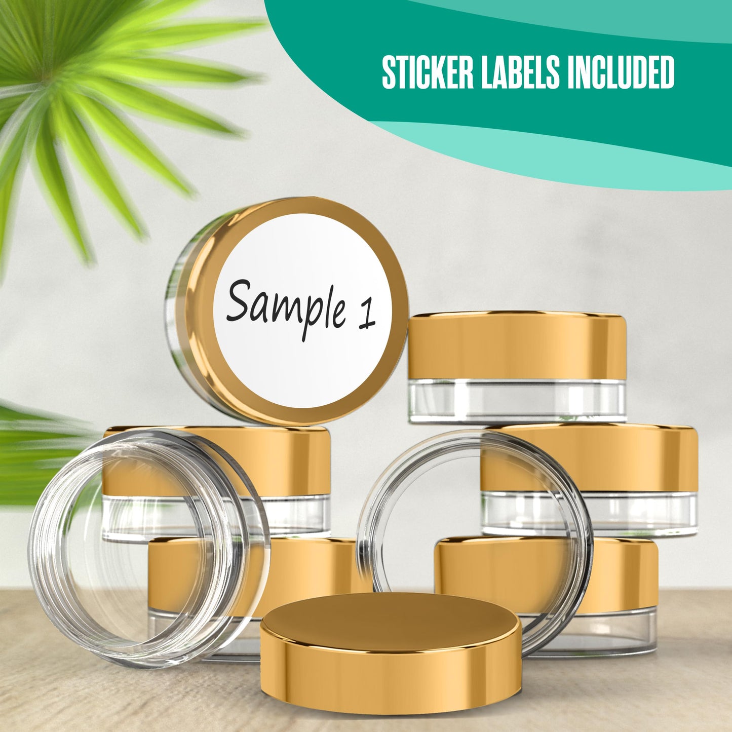 Houseables Sample Containers, Sample Jars, Lip Balm Containers, Mini Jars with Lids, Small, Empty, Makeup, Powder, Gloss, Cosmetic, Tiny, Dab, Wax, Scrub, Little, Travel, Plastic, Gold, 3 Gram, 50 PK