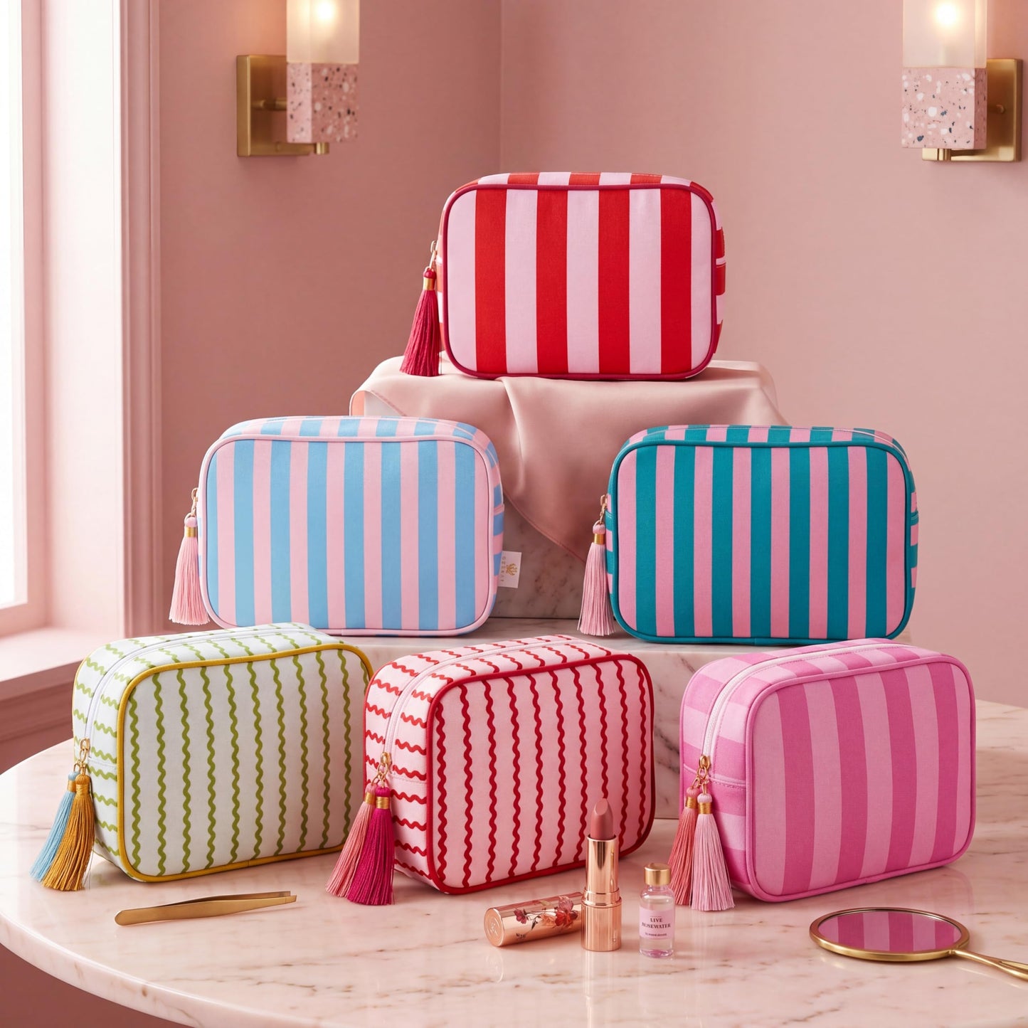 Kacctyen 6 Pack Mixed Color Striped Makeup Bag bulk with Tassel Travel Cosmetic Pouch Organizer Large Zipper Toiletry Case for Women Aesthetic Storage Pouch Mahjong Tile Bag