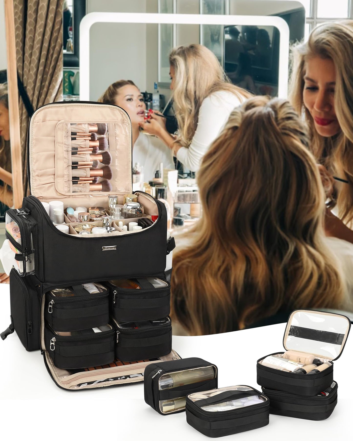 Relavel Rolling Makeup Train Case with 8 Pcs Hook and Loop Patches, Cosmetology Case on Wheels with 4 Clear Bags, Professional Makeup Artist Bags Cosmetic Organizer with 360° Spinner Wheels, Black