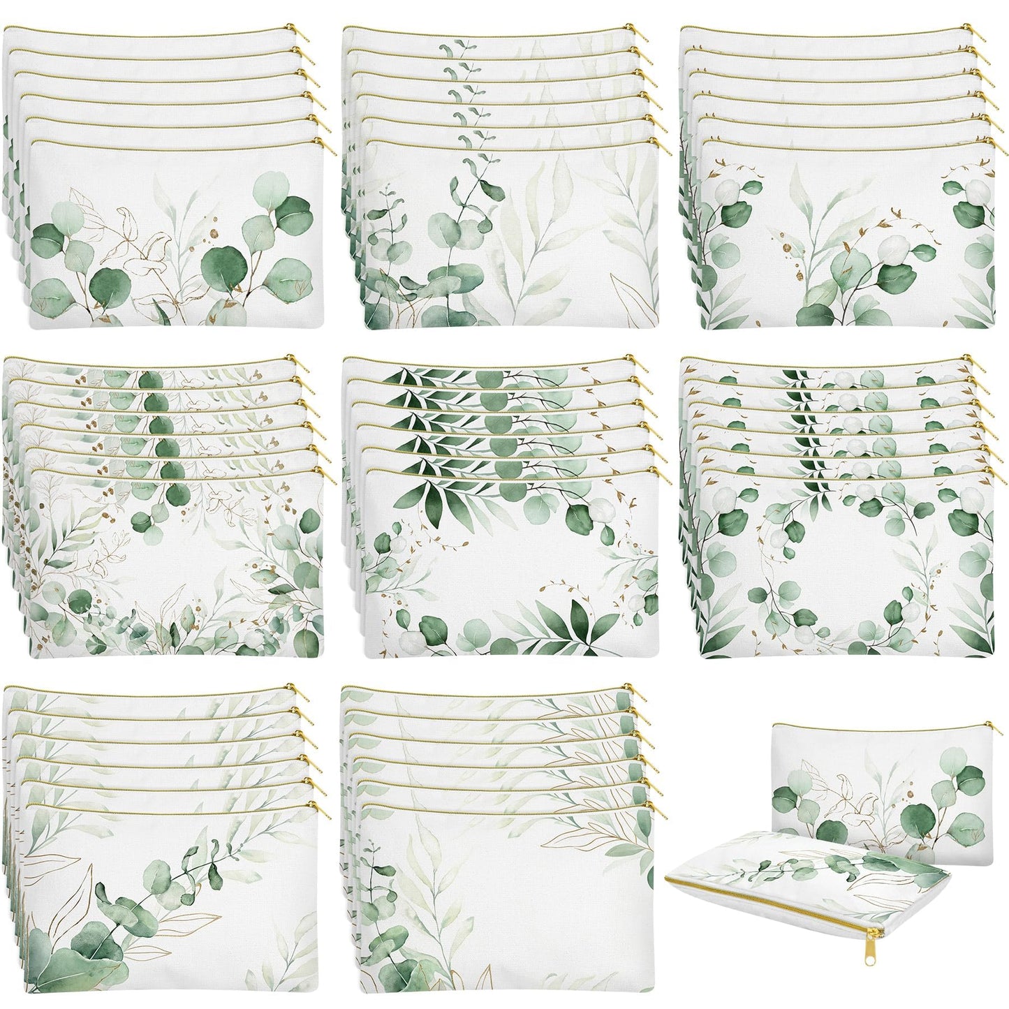 48 Pcs Eucalyptus Makeup Bags Bulk for Women Sage Green Leaves Cosmetic Bags Wedding Bridal Gifts Greenery Canvas Pouches with Zipper for Bridesmaid Baby Shower Anniversary Birthday Party Supplies