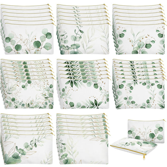 48 Pcs Eucalyptus Makeup Bags Bulk for Women Sage Green Leaves Cosmetic Bags Wedding Bridal Gifts Greenery Canvas Pouches with Zipper for Bridesmaid Baby Shower Anniversary Birthday Party Supplies