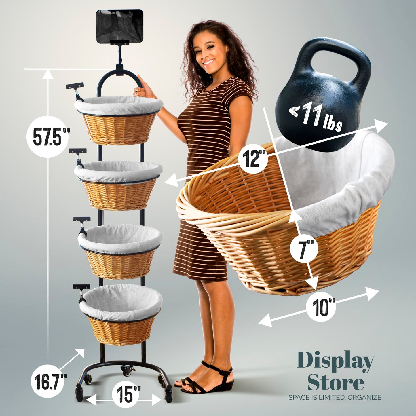 DS THE DISPLAY STORE 4 Tier Retail Display Stand with Wheels & Sign Clips, Brown Metal Market Display Rack Basket Stand, Farmers Market Display with Willow Baskets