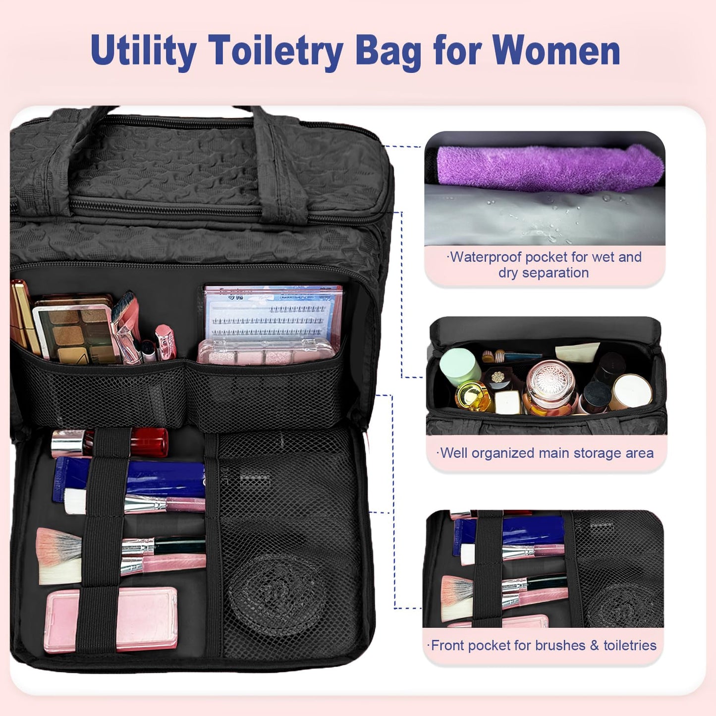 SMONT Toiletry Bag for Women Travel, 11.5" Large Makeup Organizer Toiletries Bags, Big Cosmetic Skincare Cosmetiquera Black
