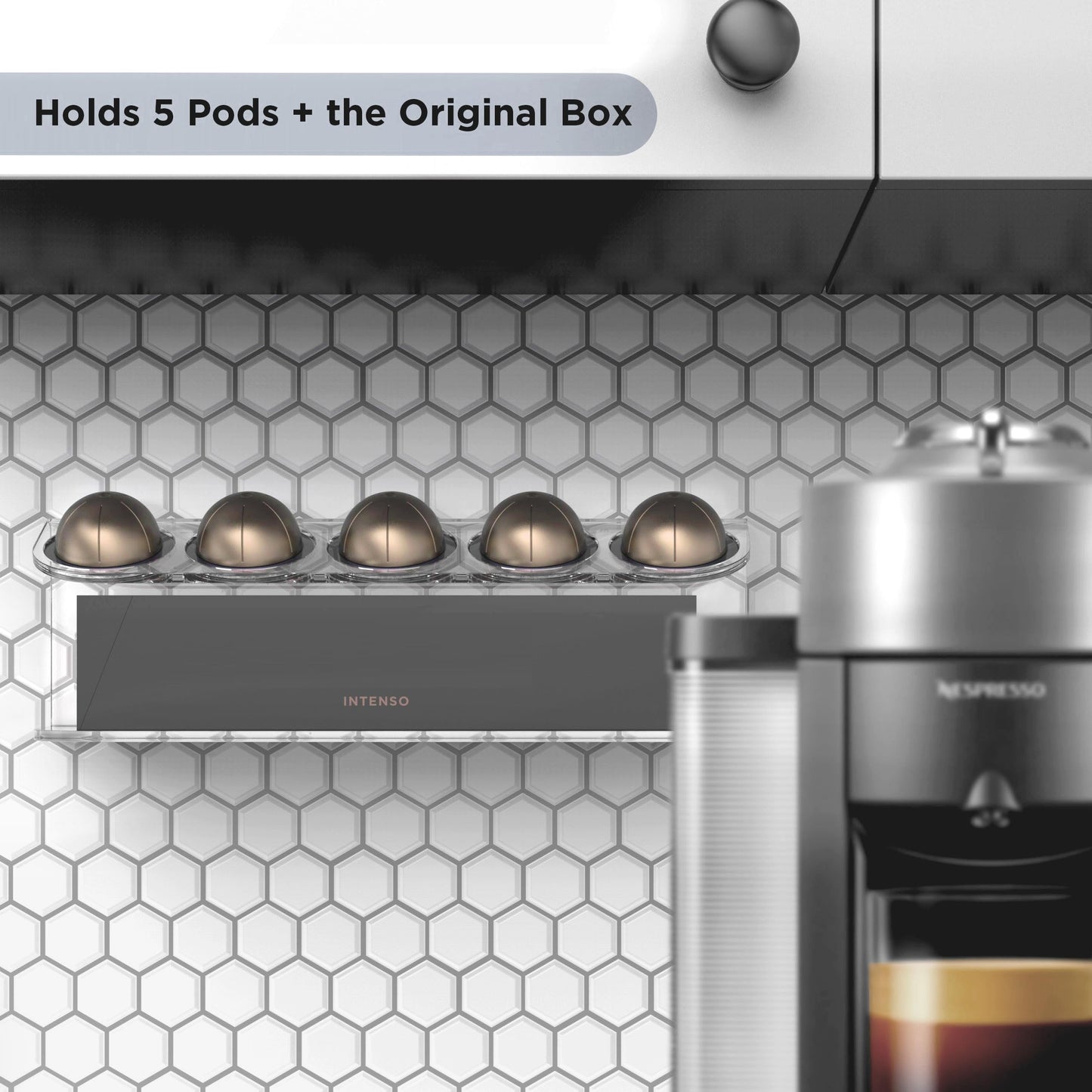 GALVANOX Wall Mounted Organizer for Nespresso Vertuo Pods, Easy-access Acrylic Holder for Original Vertuoline Box and 5 Coffee Pods (5 pods + 1 box)