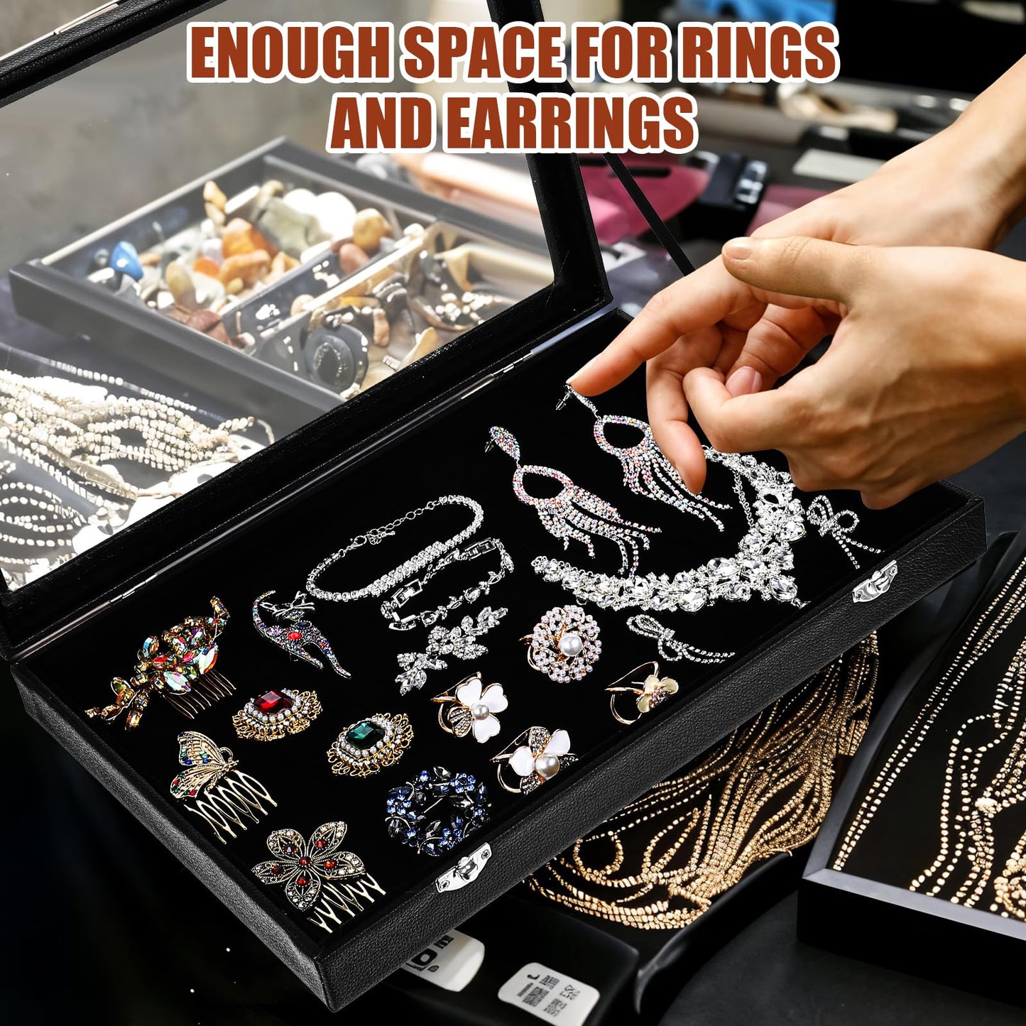 Leooomap 3 Pieces Jewelry Organizer Box, Black Velvet Blank Display Tray Case with Lid, 13.8 x 9.5 x 2 Inch Wooden Jewelry Display Case for Necklaces, Rings & Collectibles