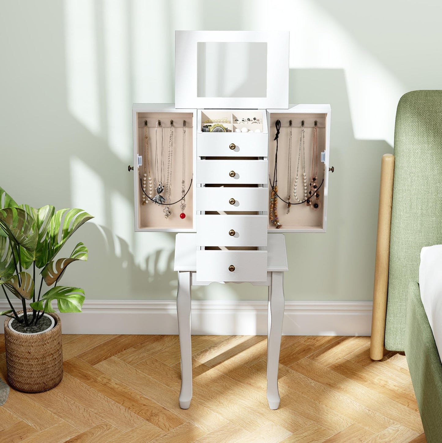 Giantex Standing Jewelry Armoire Cabinet with 4 Drawers, Flip Top Mirror, Top Storage Compartments, 2 Side Doors with 8 Necklace Hooks, Freestanding Jewelry Organizer Box Chest (White)